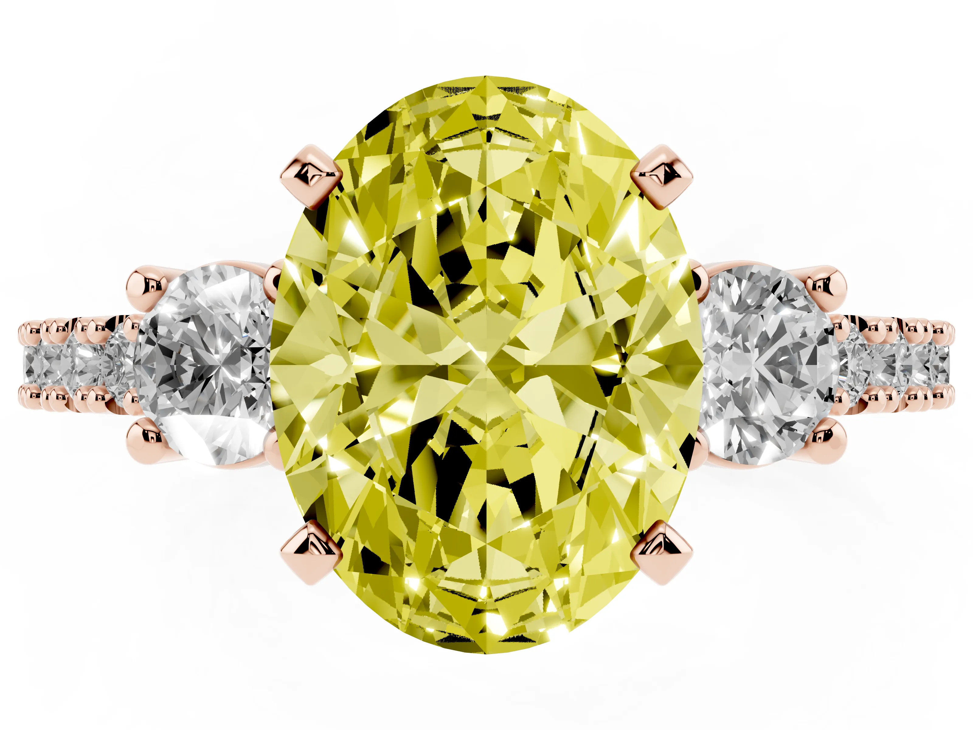 Fancy Yellow Three-Stone Oval Cut Diamond Pavé Band Ring Set in Rose gold with Prong Setting