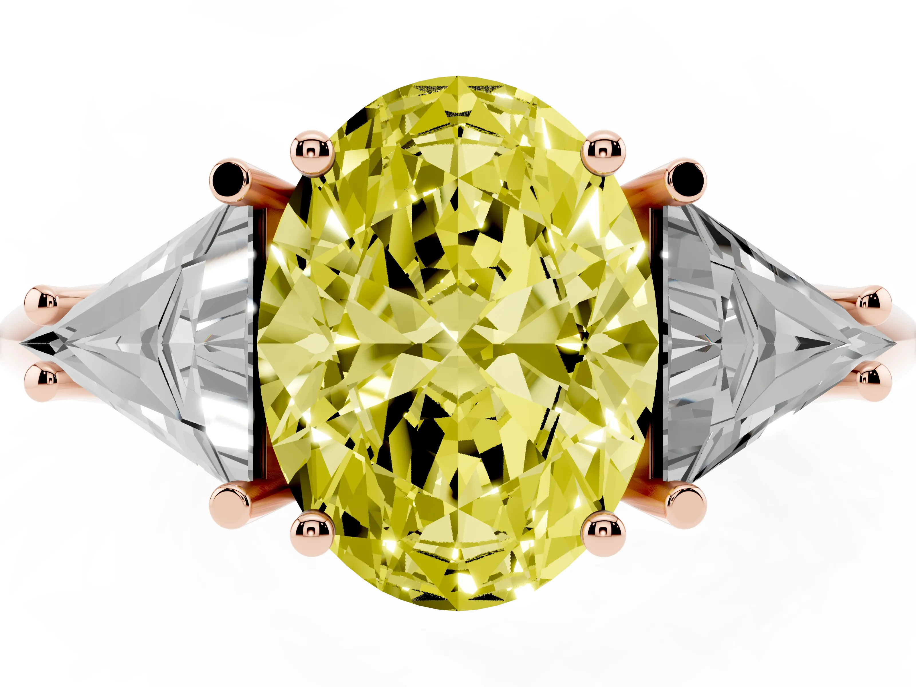 Fancy Yellow Oval Cut Diamond Three-Stone Engagement Ring Set in Rose gold with Trillion Side Stones