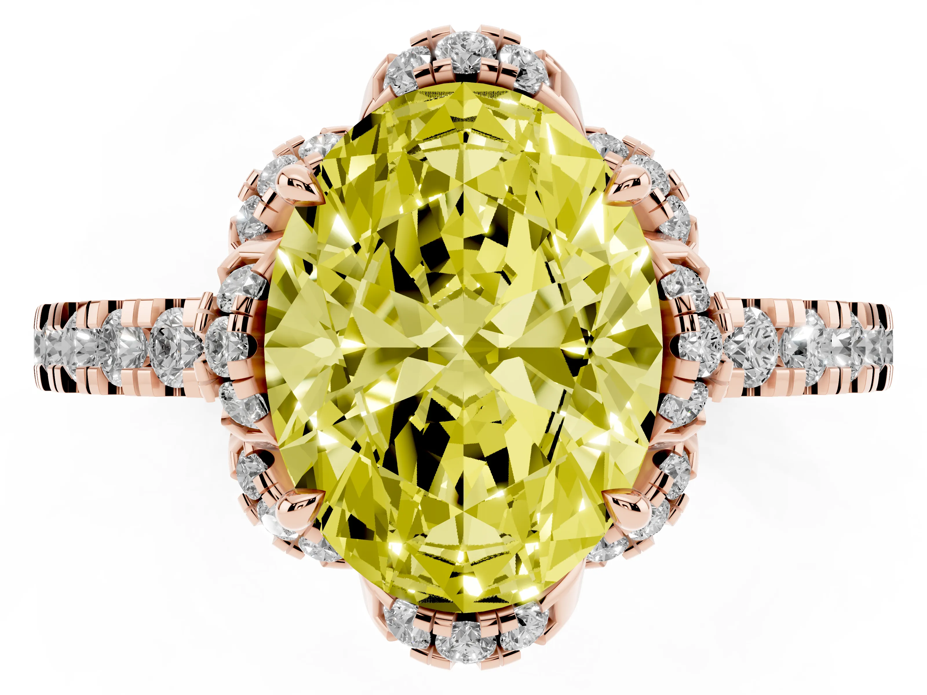 Fancy Yellow Oval Cut Diamond Halo Pavé Band Ring Set in Rose gold with Prong-Held Center
