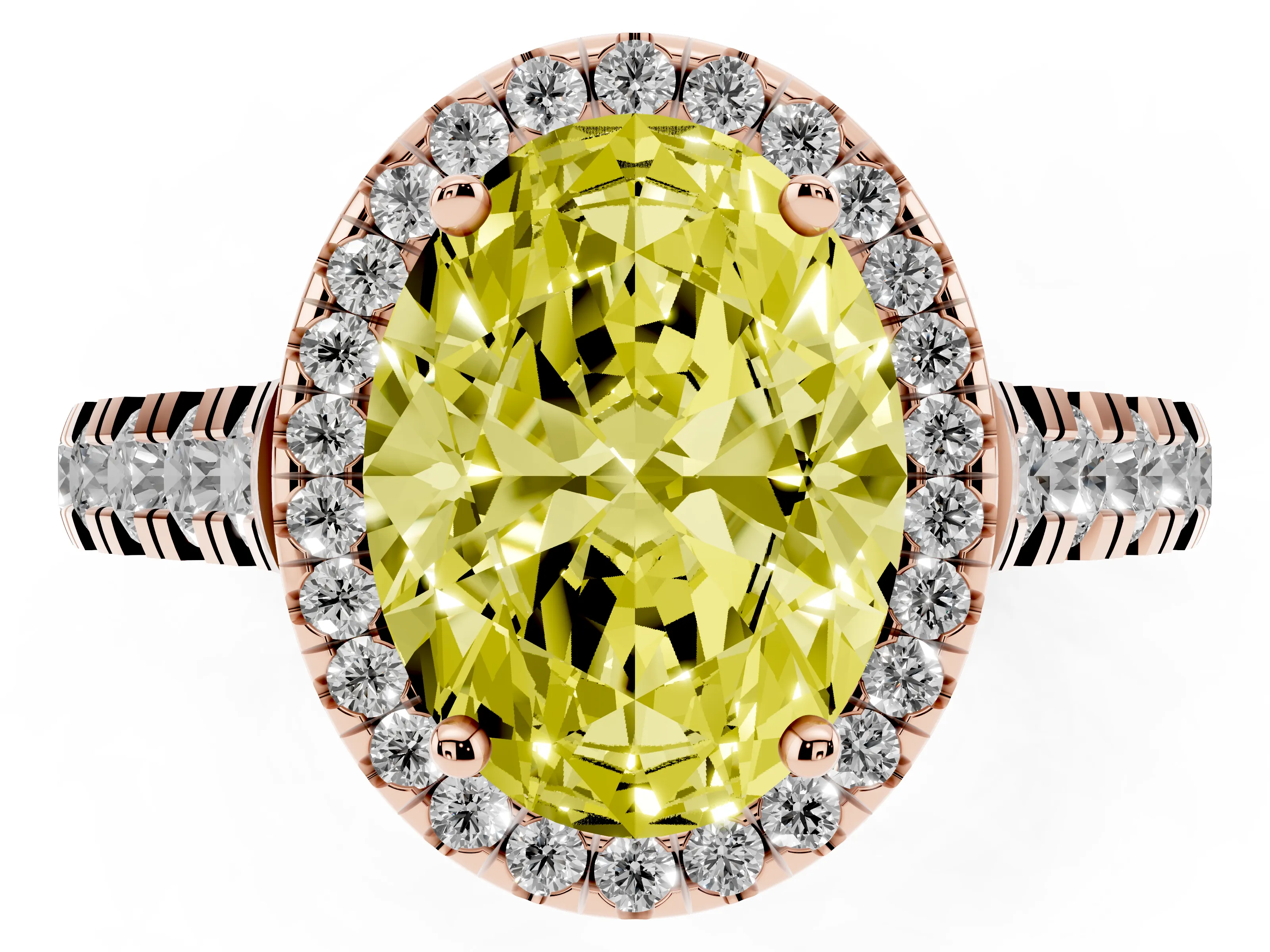 Fancy Yellow Oval Cut Diamond Halo Engagement Ring Set in Rose gold with Pavé Band and Prong-Set Center