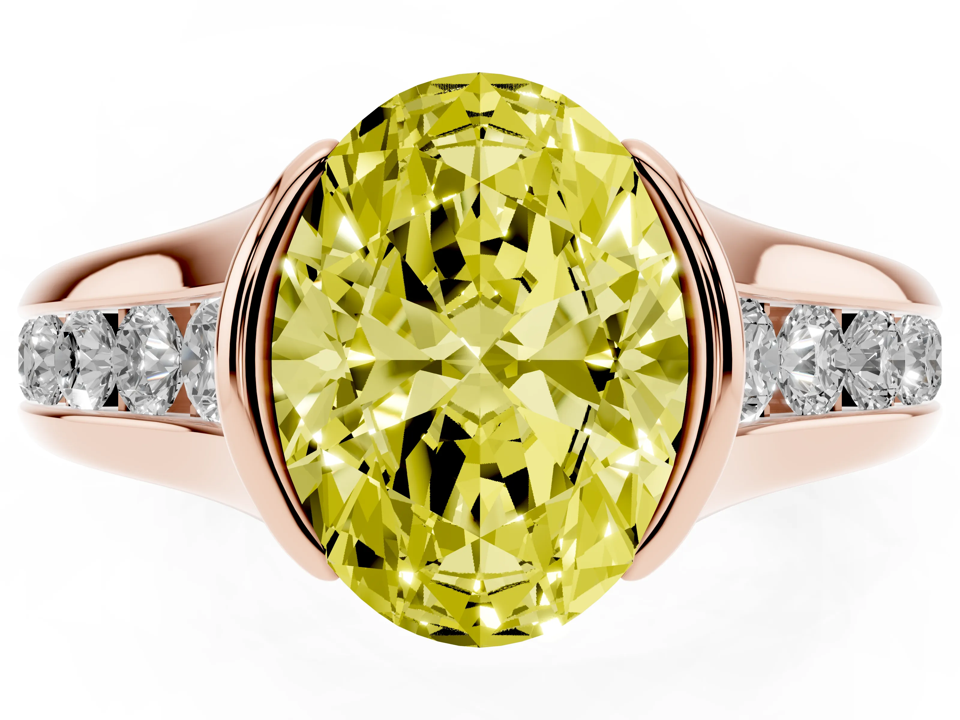 Fancy Yellow Oval Cut Diamond Bezel-Set Solitaire Ring Set in Rose gold with Channel-Set Band