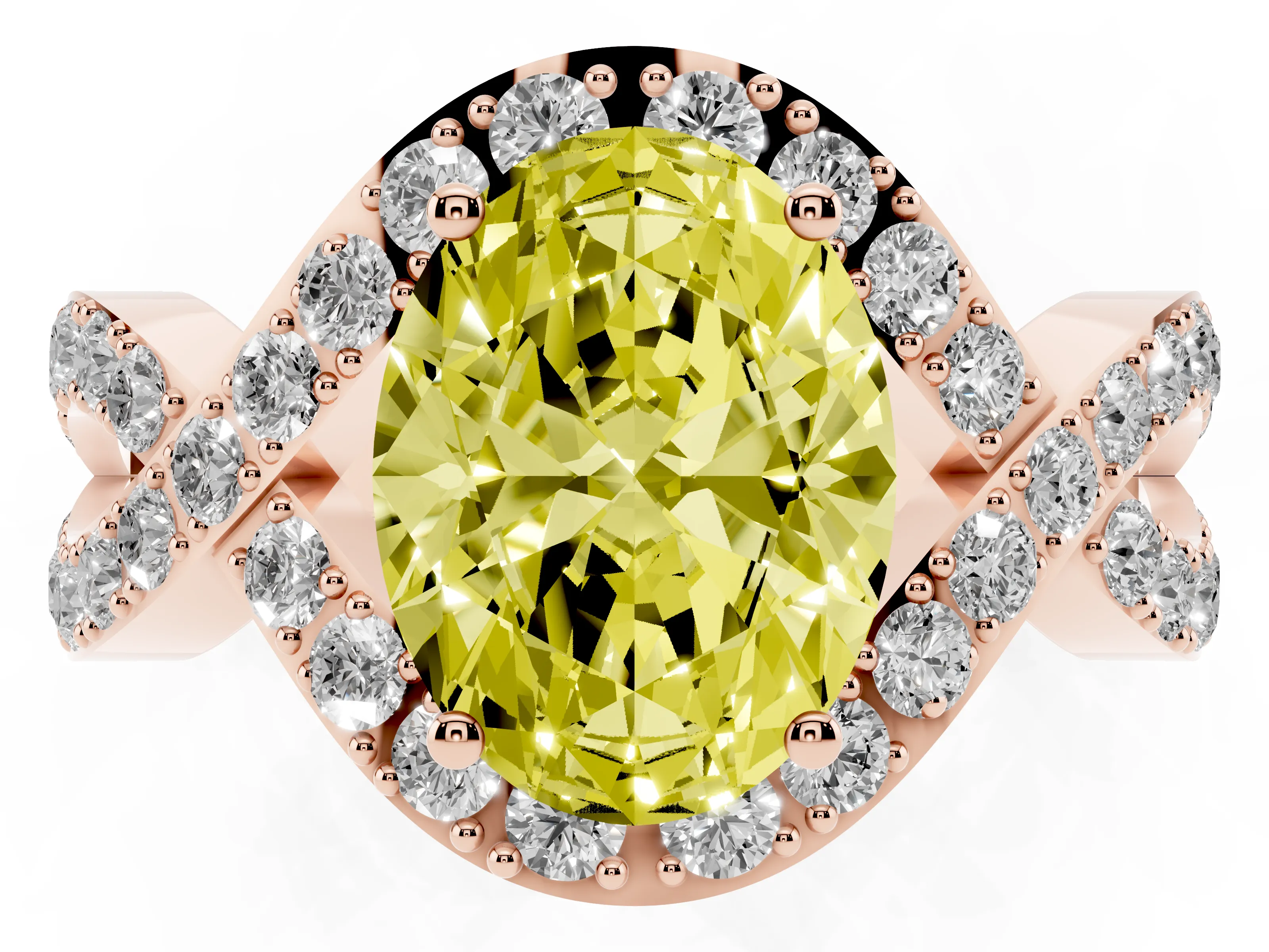 Fancy Yellow Oval Cut Diamond Solitaire Twist Band Pavé Engagement Ring Set in Rose gold