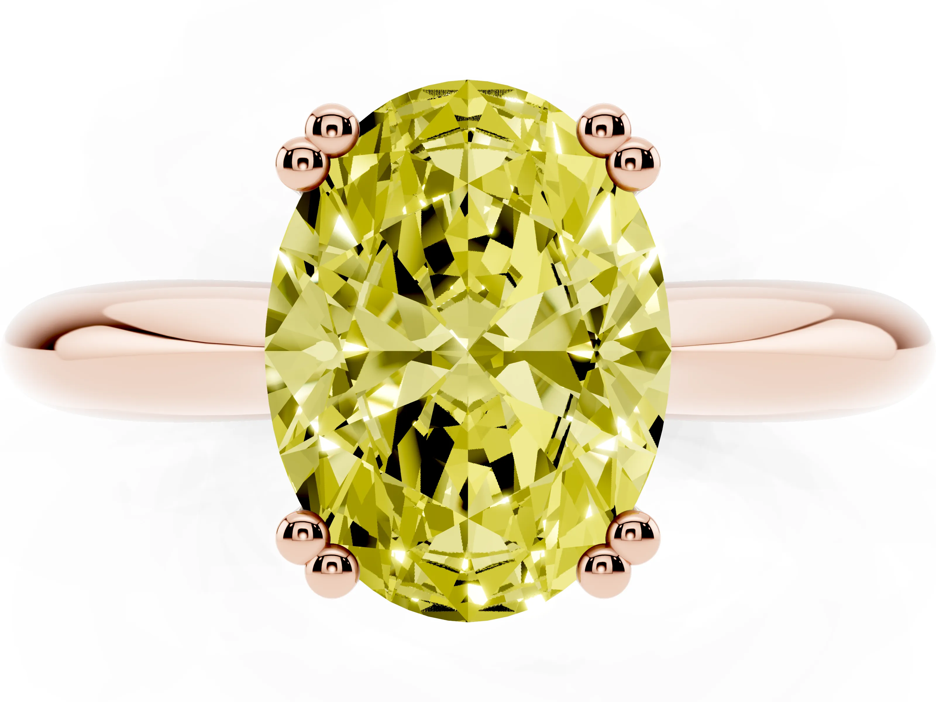 Fancy Yellow Oval Cut Diamond Solitaire Engagement Ring Set in Rose gold with Tapered Band and Prong Setting