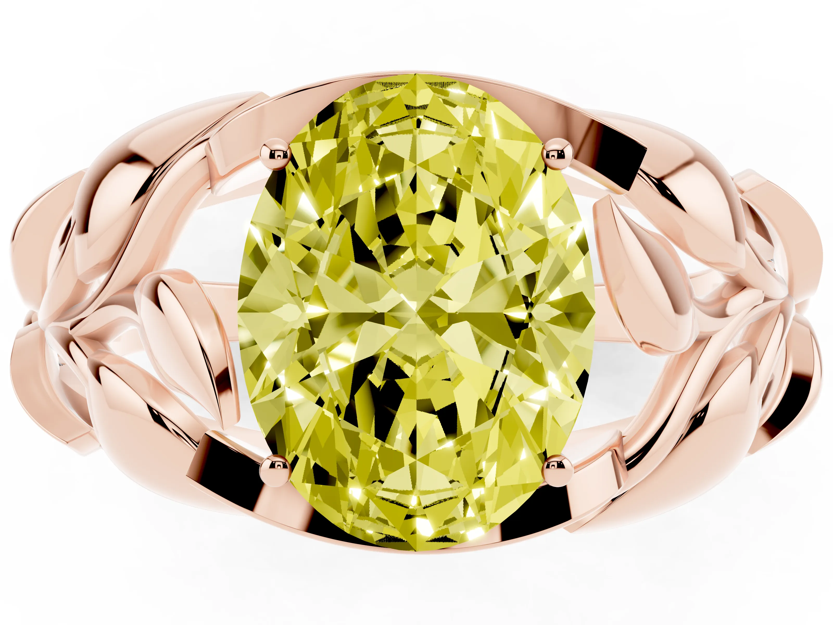 Fancy Yellow Oval Cut Diamond Leaf-Inspired Engagement Ring Set in Rose gold with Round Accents