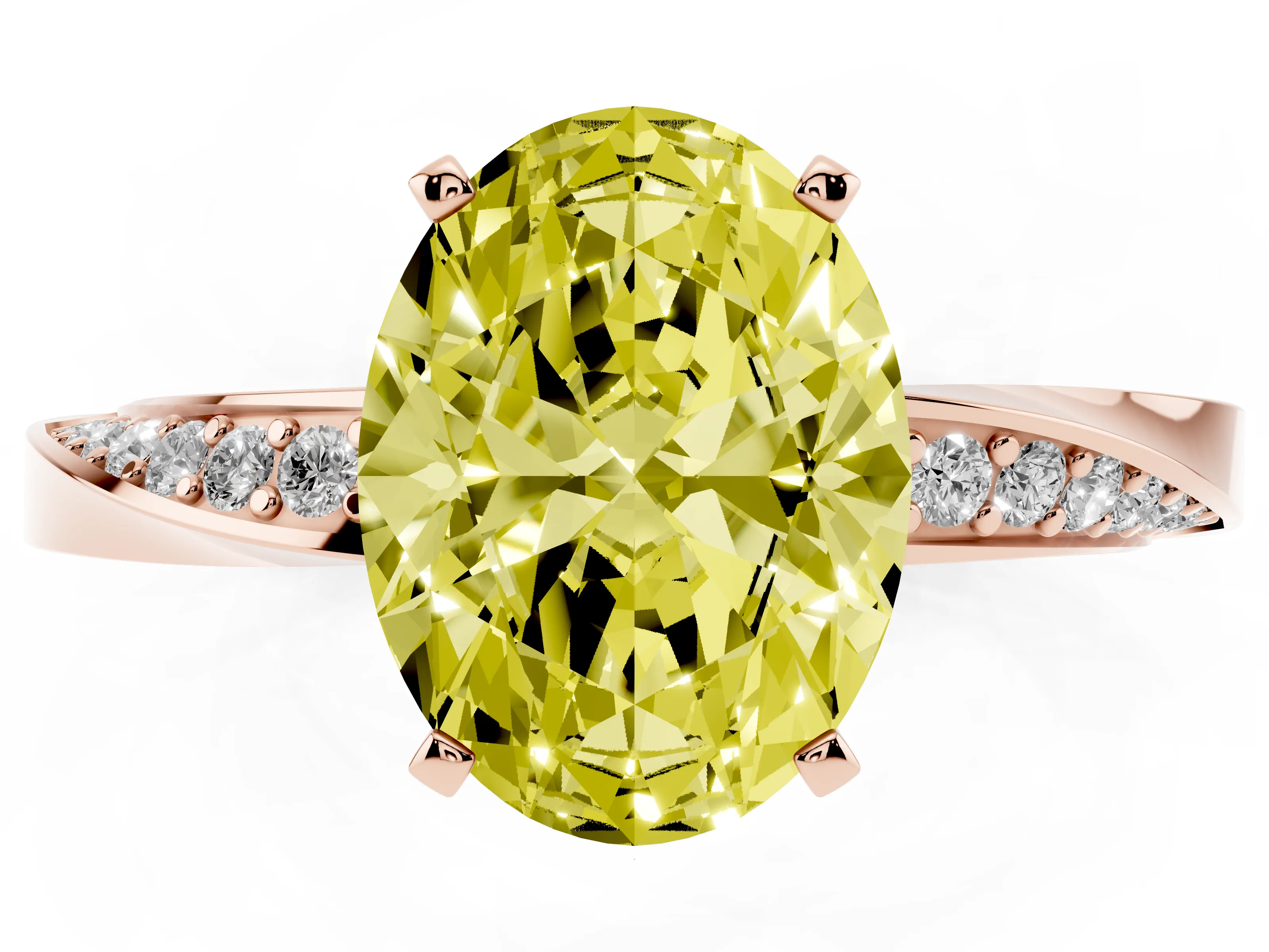 Fancy Yellow Oval Cut Diamond Engagement Ring Set in Rose gold with Side Stone Accents and Prong Setting