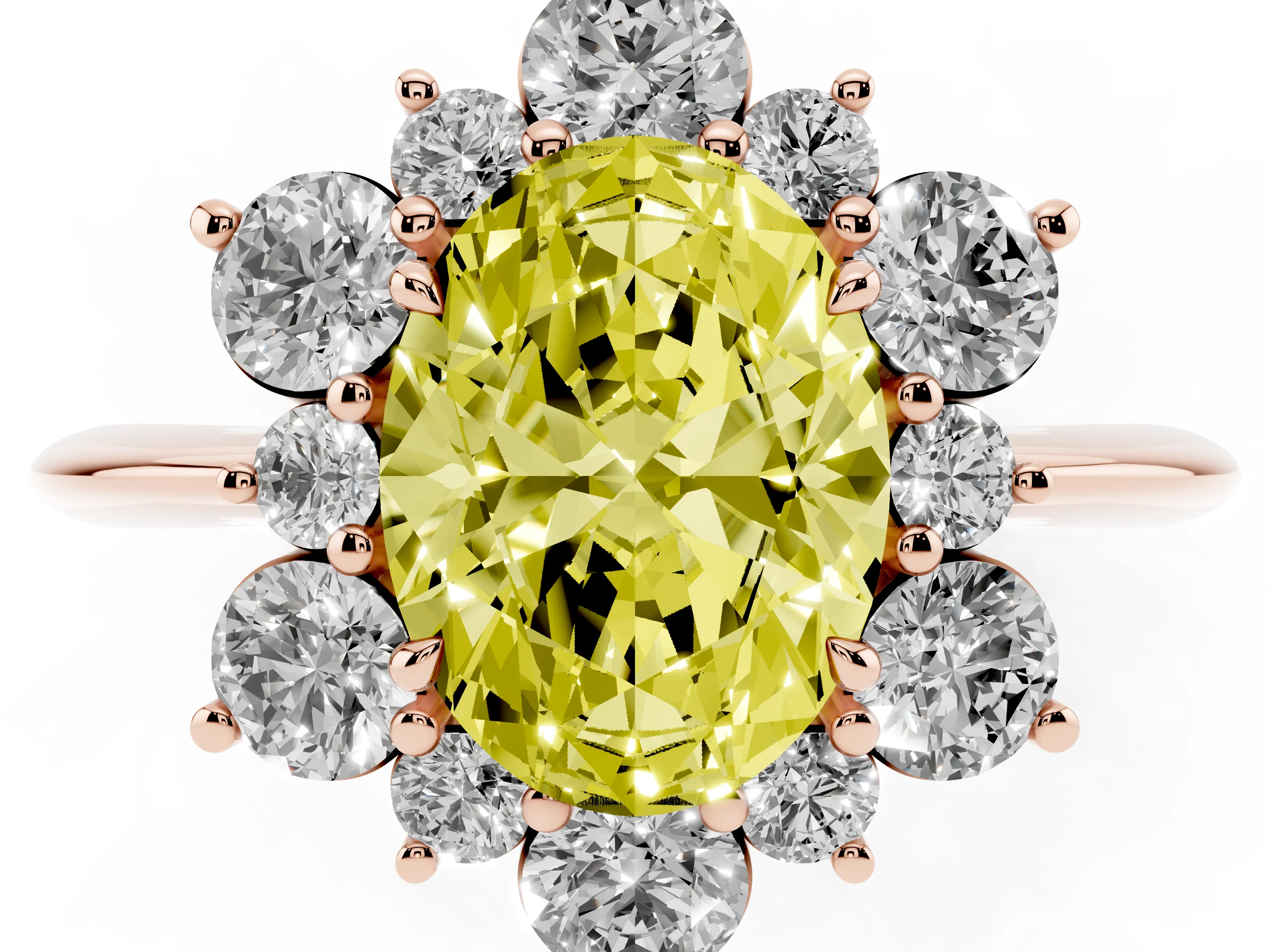 Fancy Yellow Oval Cut Diamond Cluster Halo Ring Set in Rose gold with Solitaire Band and Prong Setting
