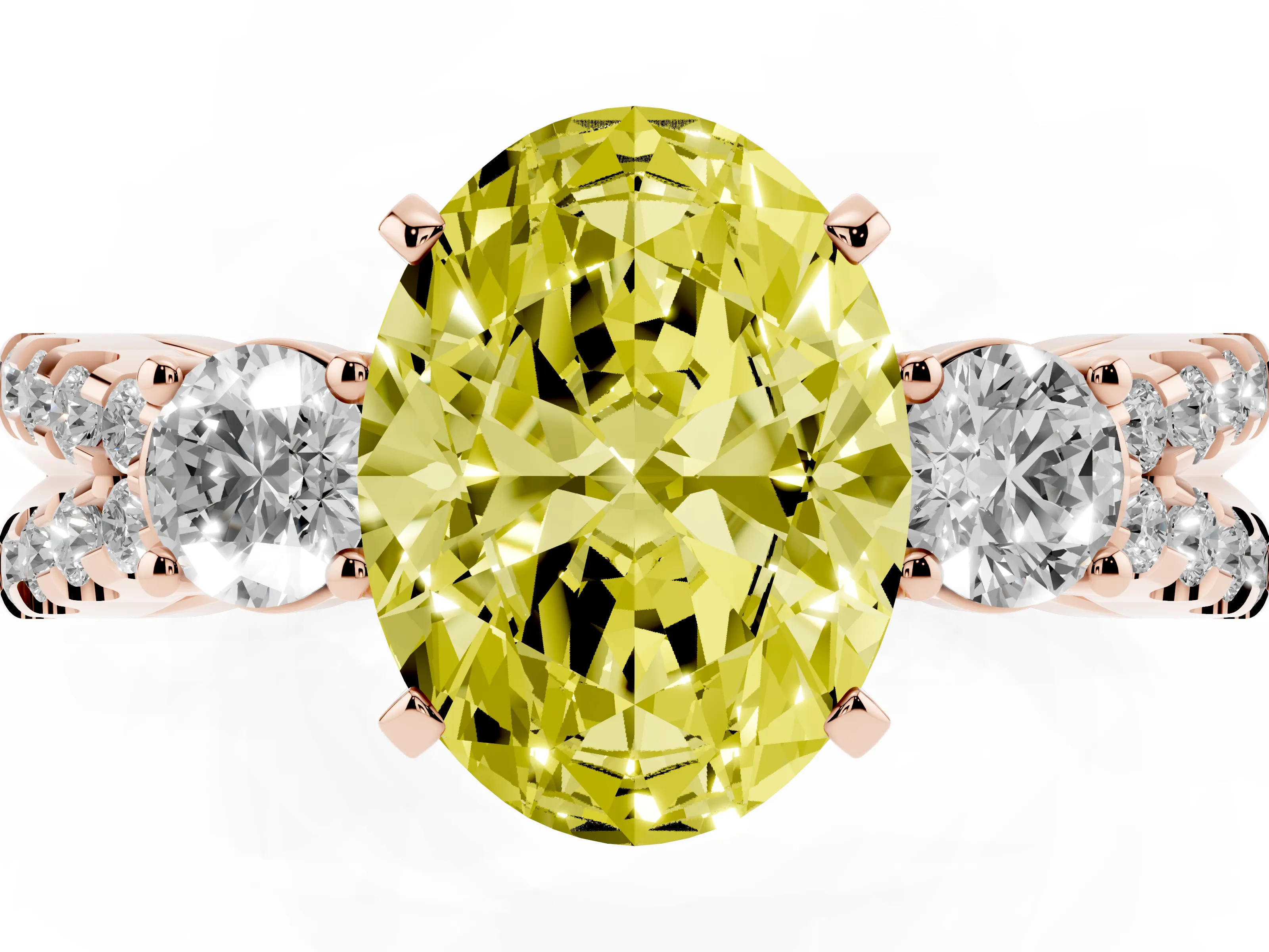 Fancy Yellow Oval Cut Diamond Three-Stone Ring Set in Rose gold with Pavé Split Shank and Prong Setting