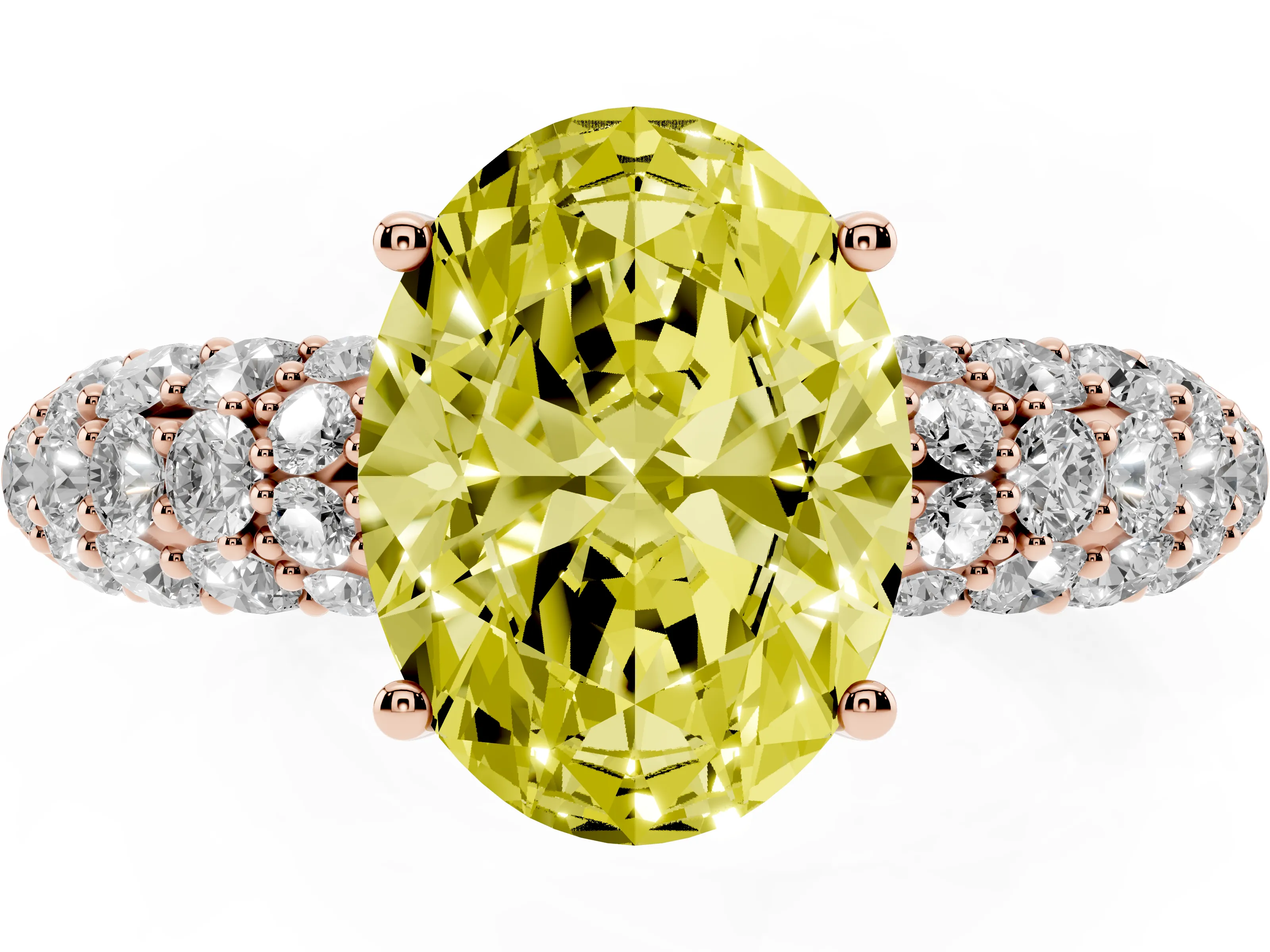 Fancy Yellow Oval Cut Diamond Pavé Band Solitaire Ring Set in Rose gold with Close-Set Accent Stones and Prong Setting