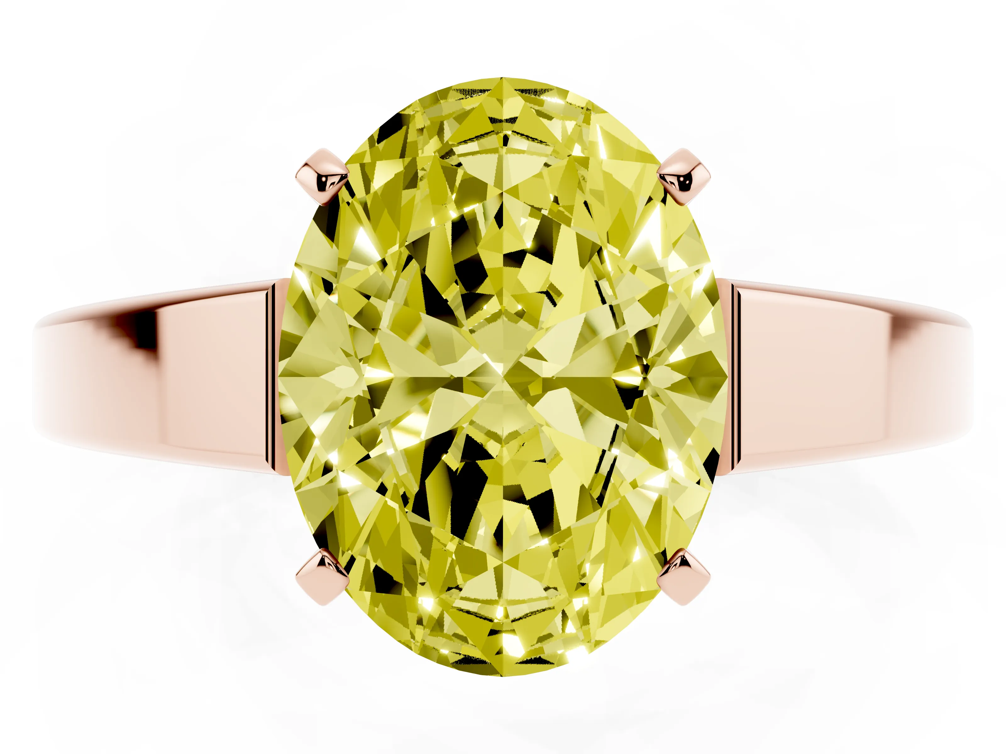 Fancy Yellow Oval Cut Diamond Solitaire Engagement Ring Set in Rose gold with Prong Setting and Tapered Band