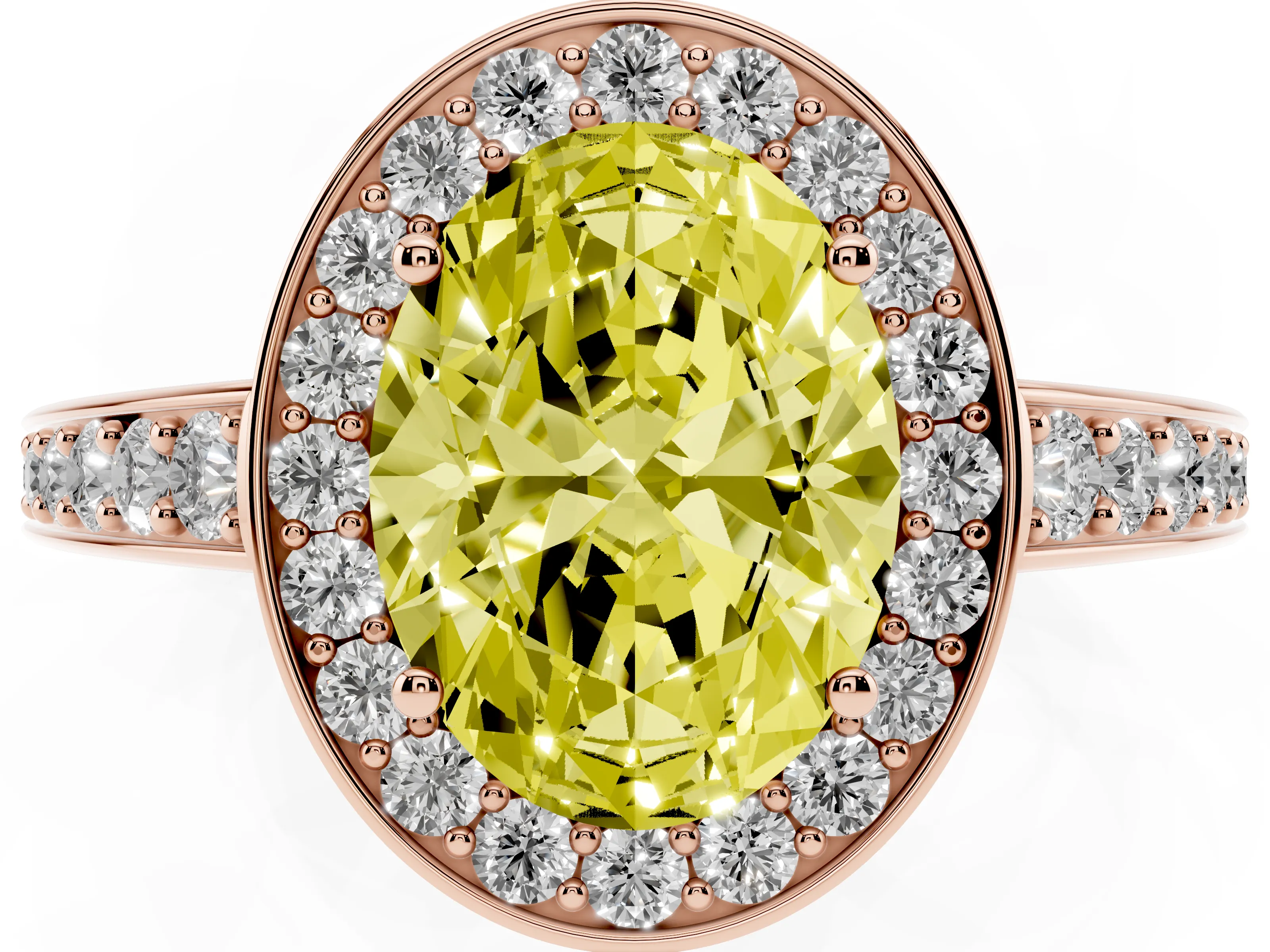 Fancy Yellow Oval Cut Diamond Halo Pavé Engagement Ring Set in Rose gold with Bezel Setting