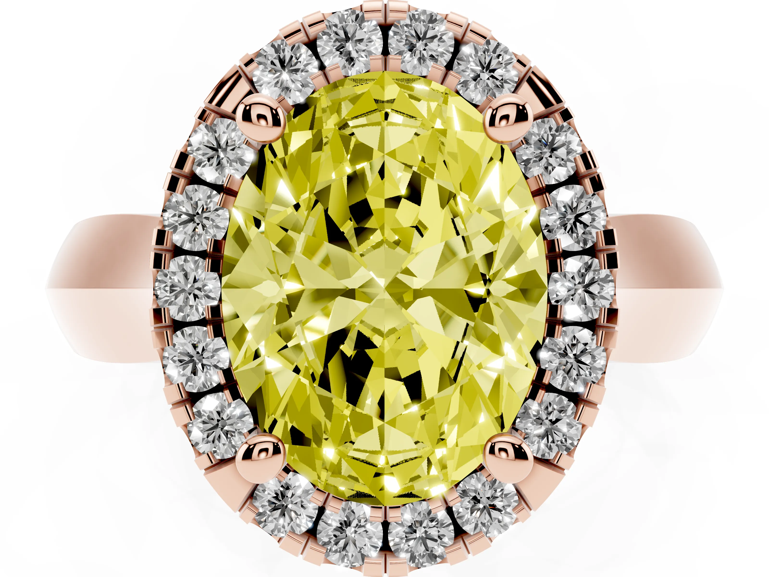 Fancy Yellow Oval Cut Diamond Halo Solitaire Engagement Ring Set in Rose gold with Square Band and Prong Setting