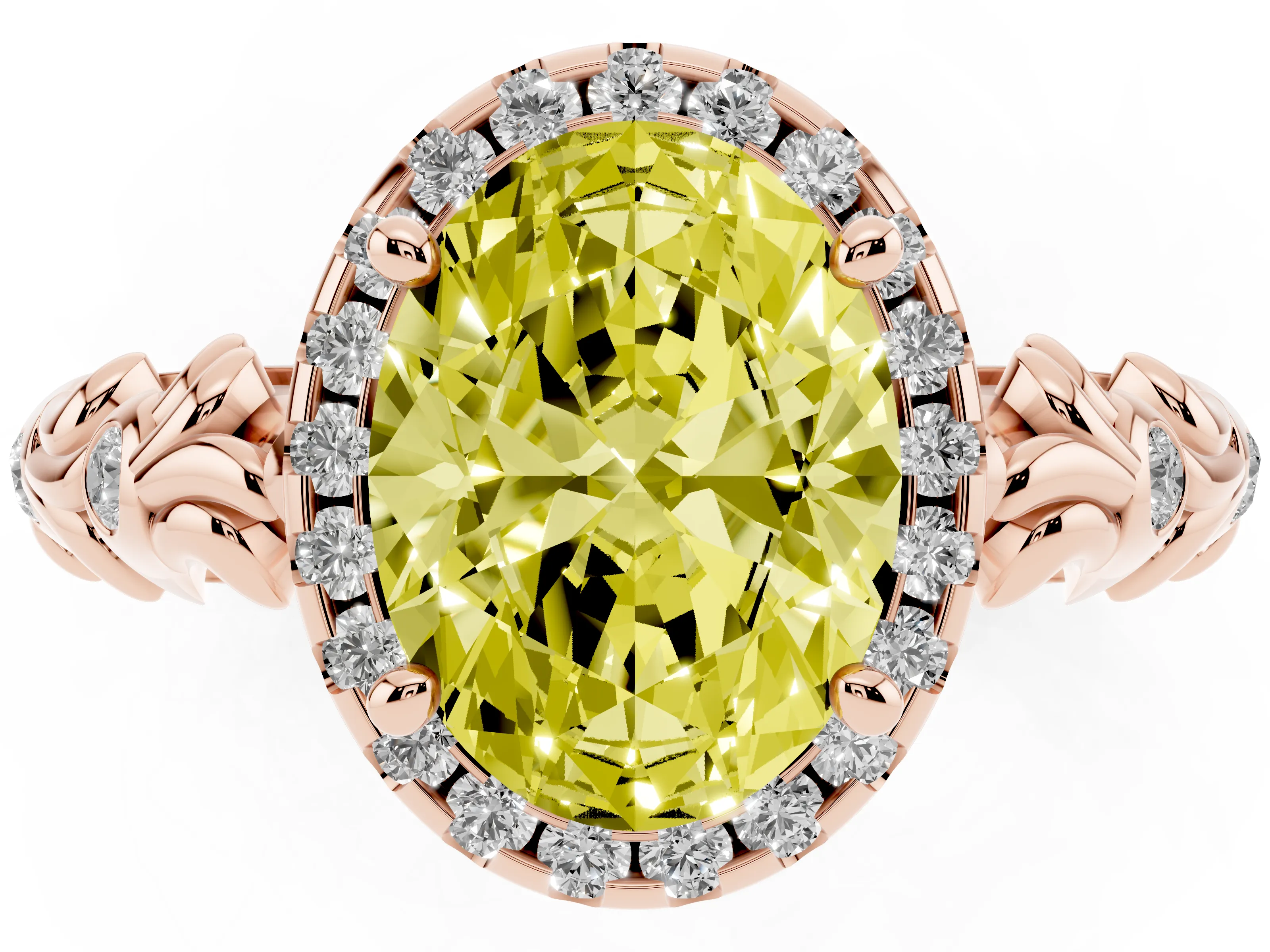 Fancy Yellow Oval Cut Diamond Halo Ring Set in Rose gold with Filigree Leaf Band and Prong Setting