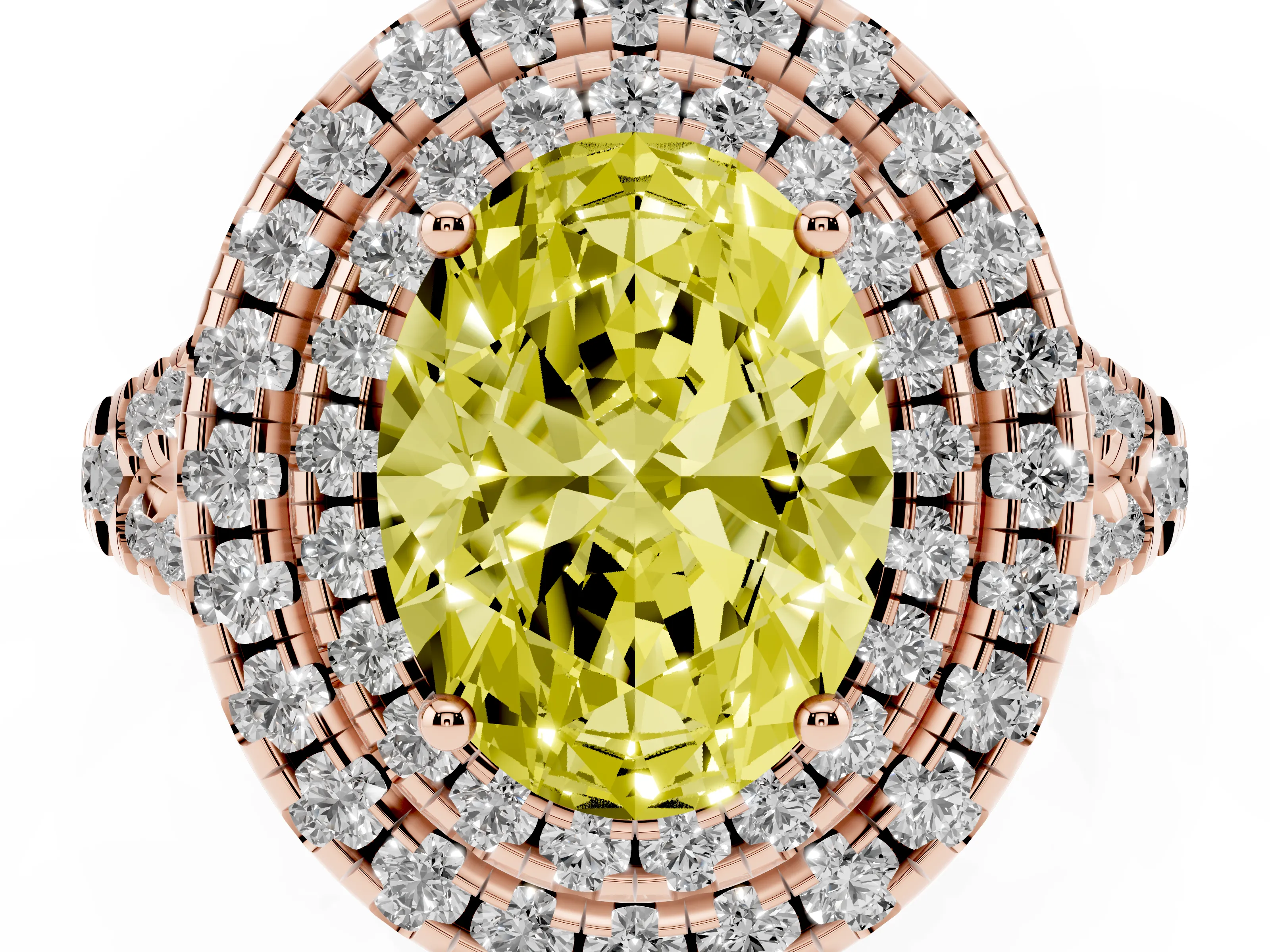 Fancy Yellow Oval Cut Diamond Double Halo Ring Set in Rose gold with Pavé Split Shank and Prong Setting