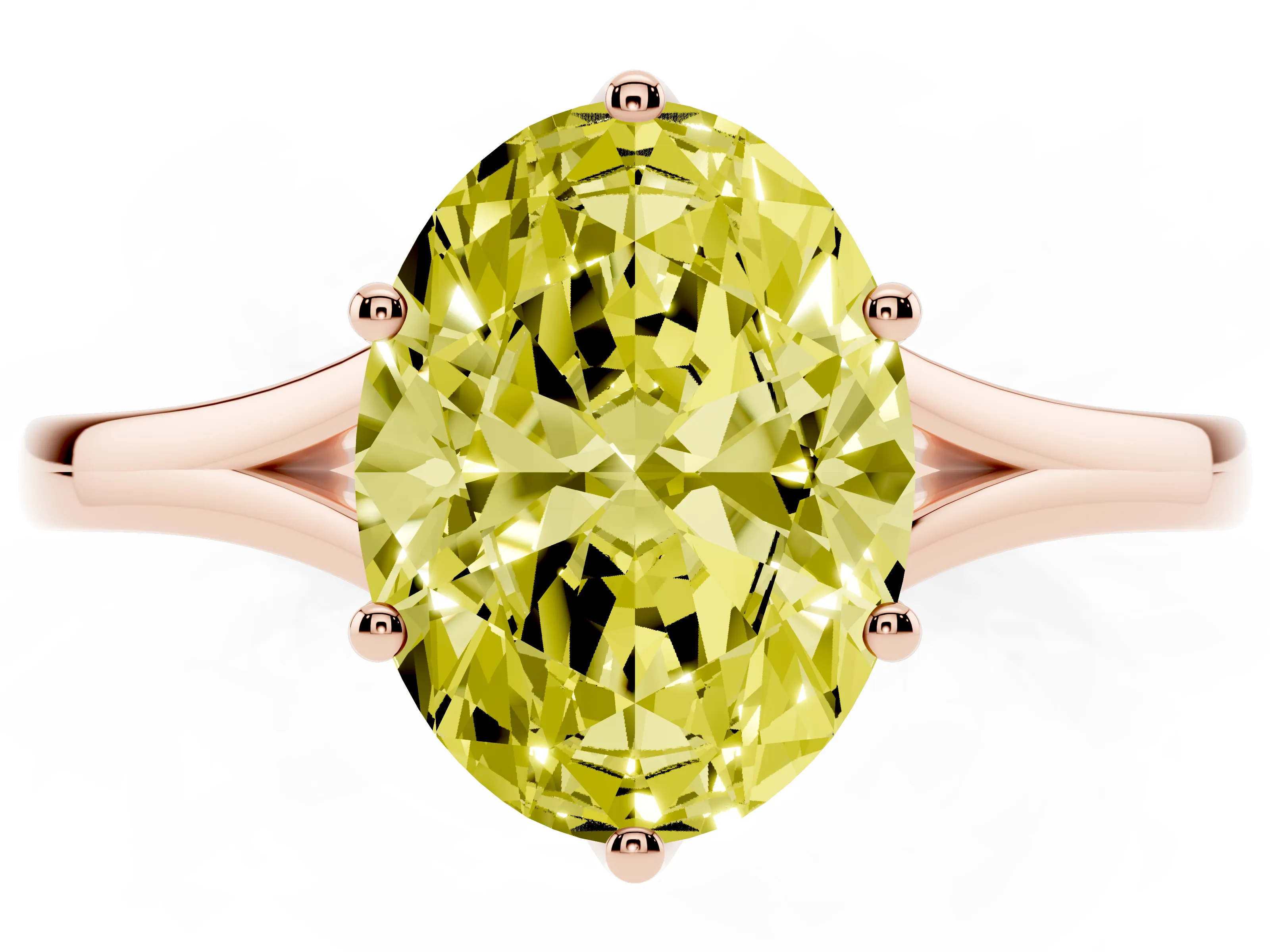 Fancy Yellow Oval Cut Diamond Solitaire Ring Set in Rose gold with Polished Tapered Band and Prong Setting