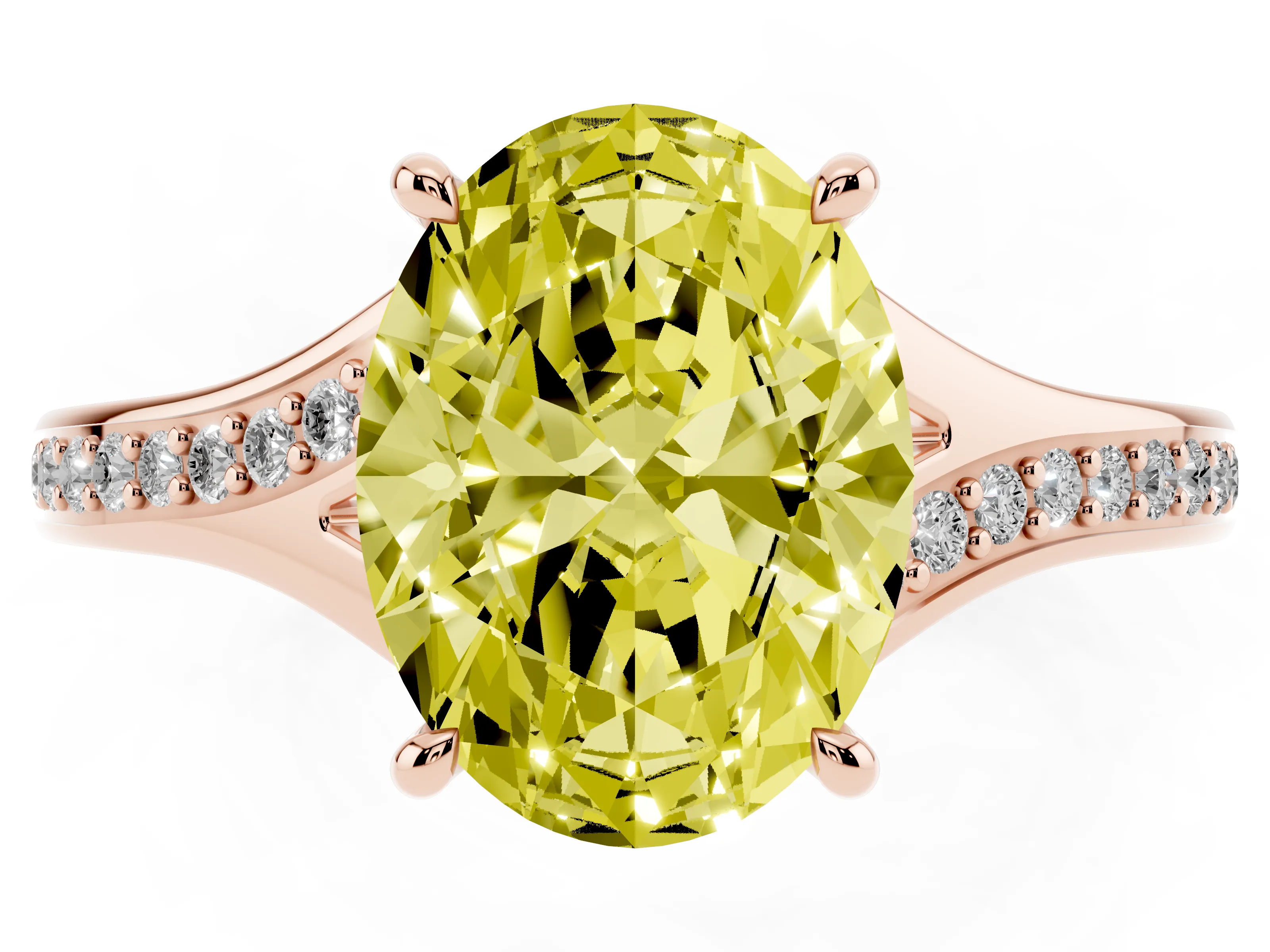 Fancy Yellow Oval Cut Diamond Solitaire Ring Set in Rose gold with Pavé Accent Band and Classic Prong Setting