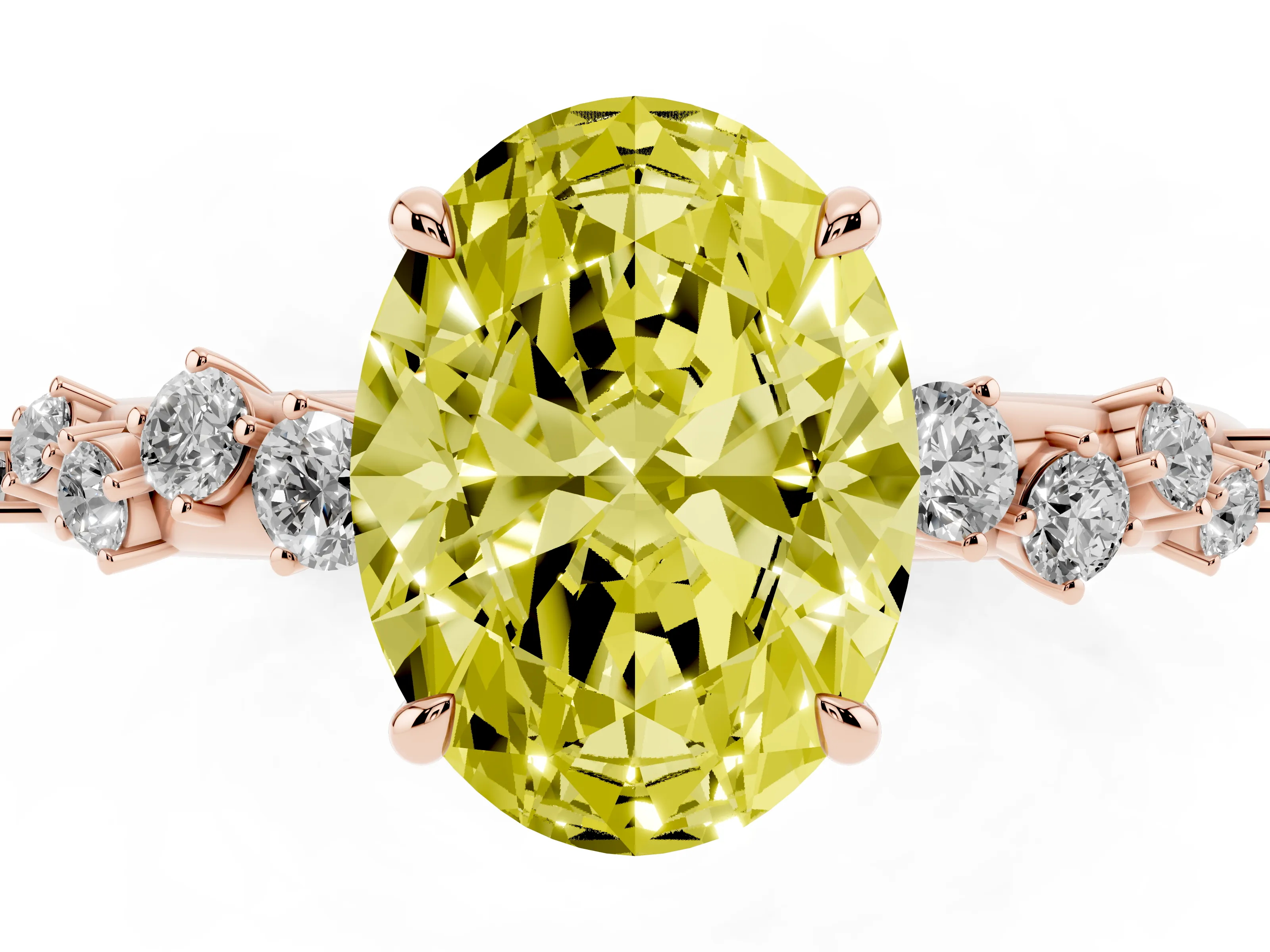Fancy Yellow Oval Cut Diamond Cluster Solitaire Ring Set in Rose gold with Prong Setting