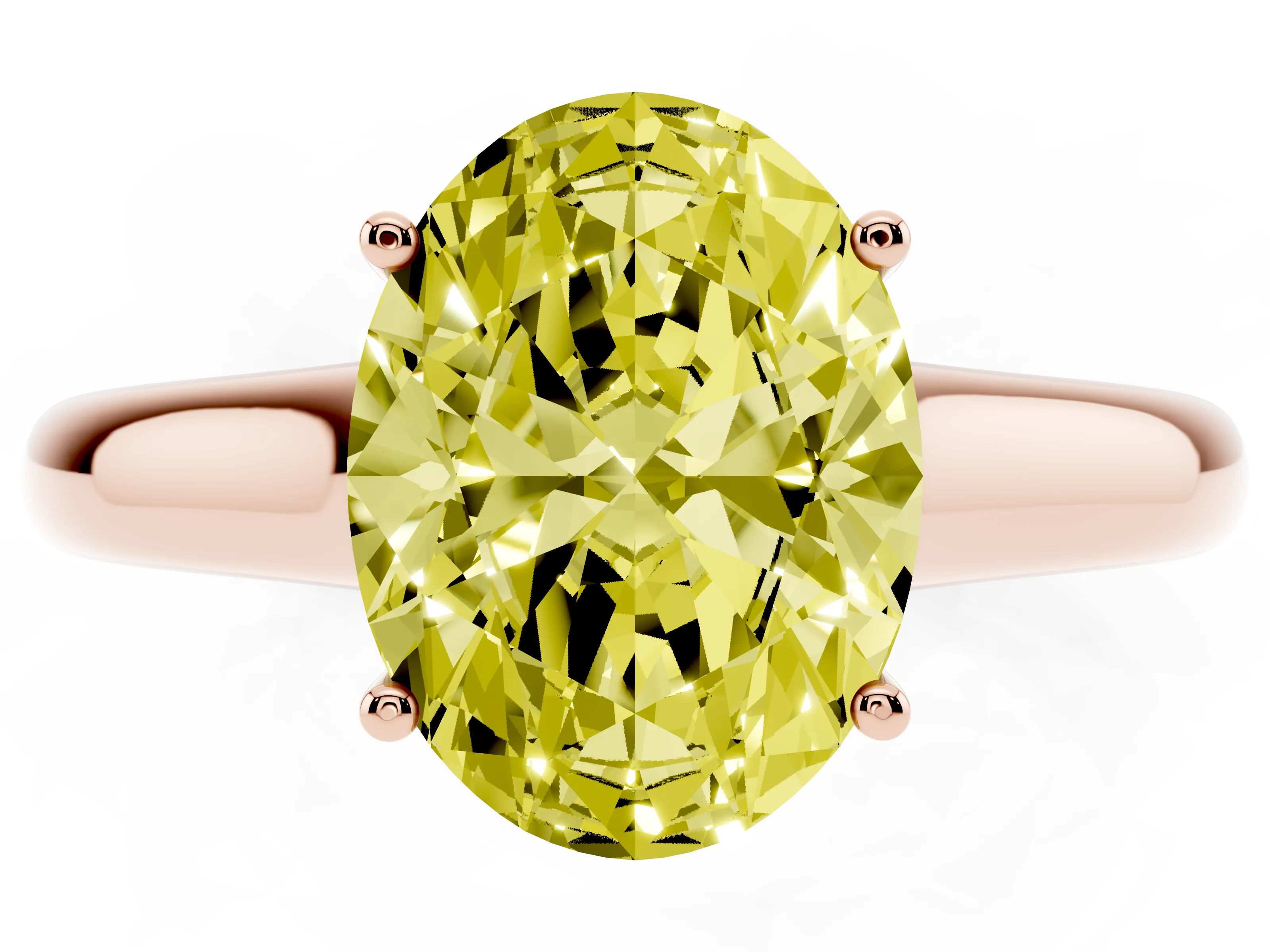 Fancy Yellow Oval Cut Diamond Solitaire Engagement Ring Set in Rose gold with Subtly Tapered Band and Prong Setting