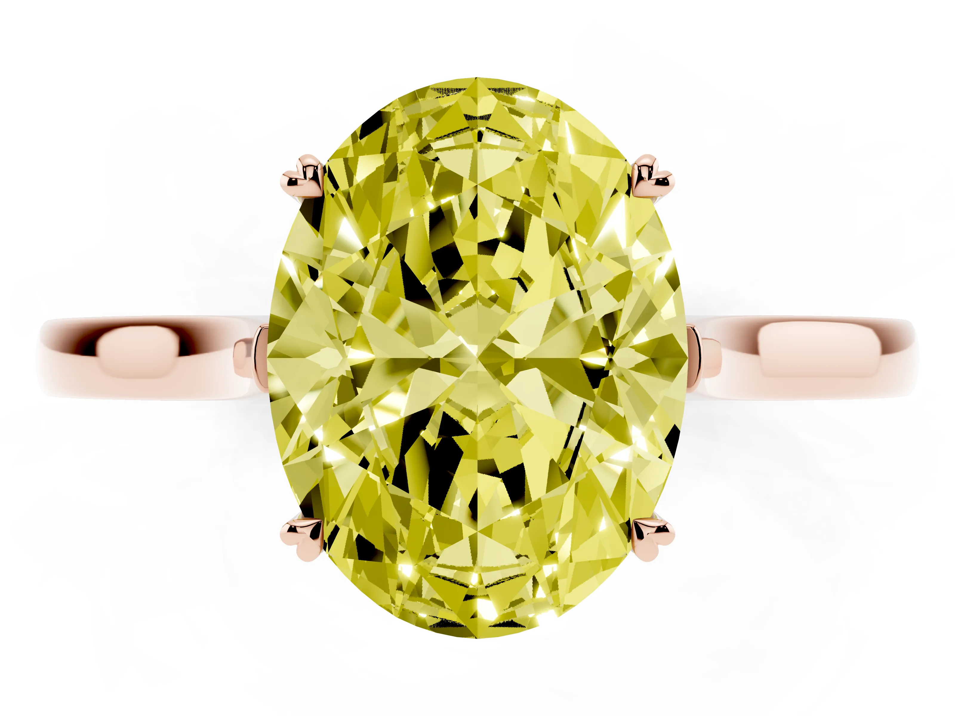 Fancy Yellow Oval Cut Diamond Solitaire Heart Prong Engagement Ring Set in Rose gold with Tapered Band