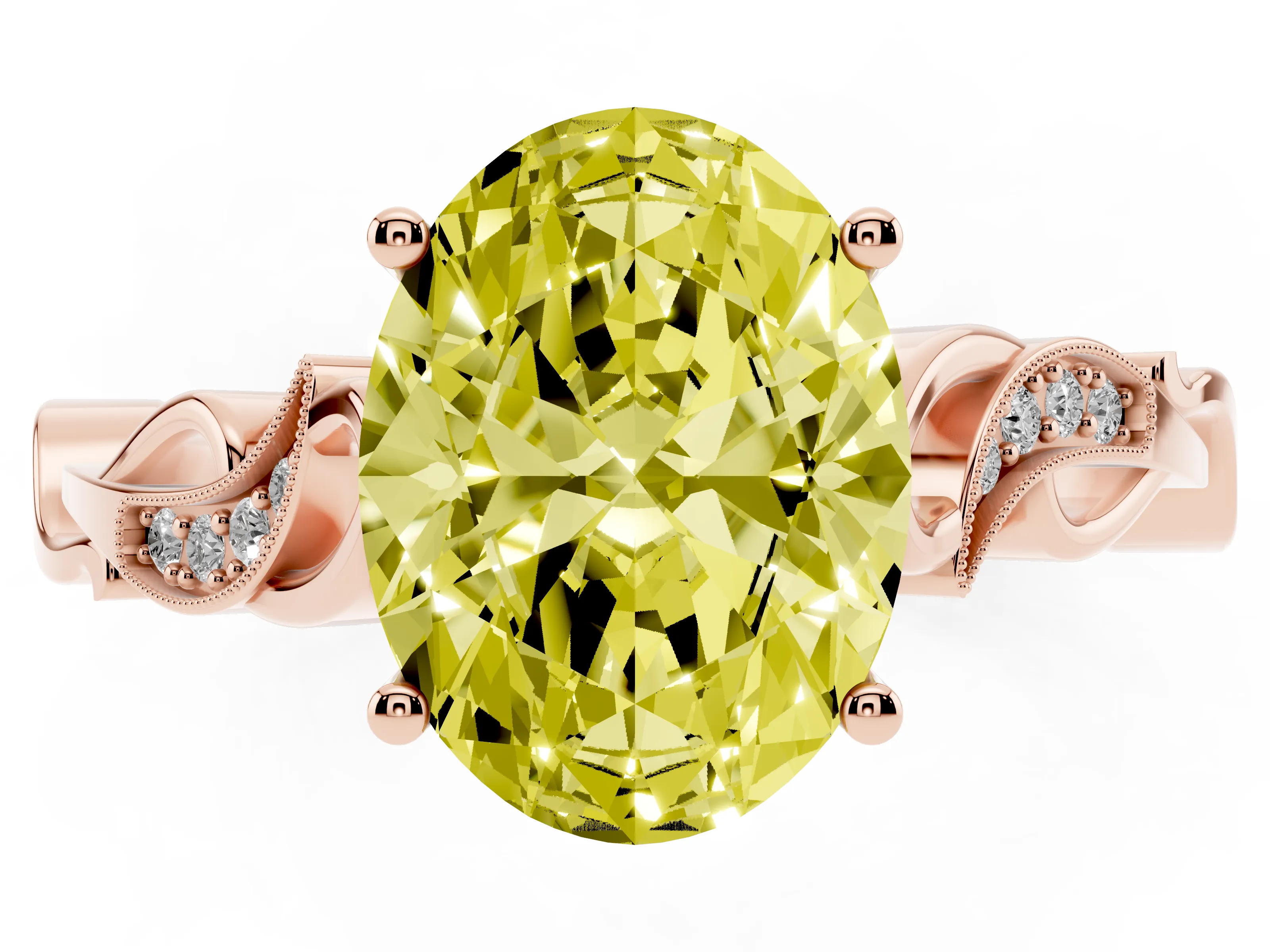 Fancy Yellow Oval Cut Diamond Vine Band Solitaire Ring Set in Rose gold with Milgrain Prong Setting