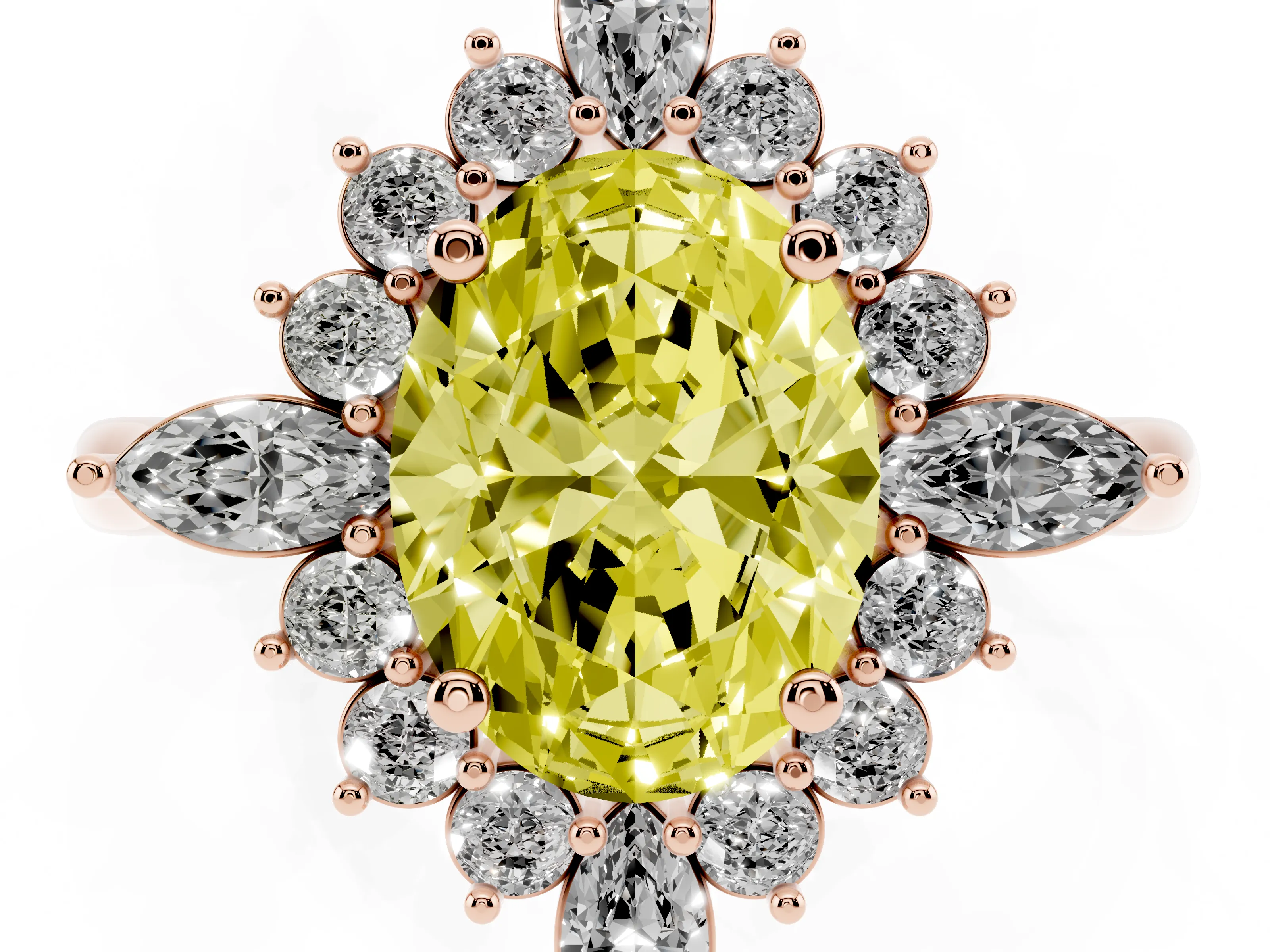 Fancy Yellow Oval Cut Diamond Cluster Halo Ring Set in Rose gold with Marquise and Round Accents