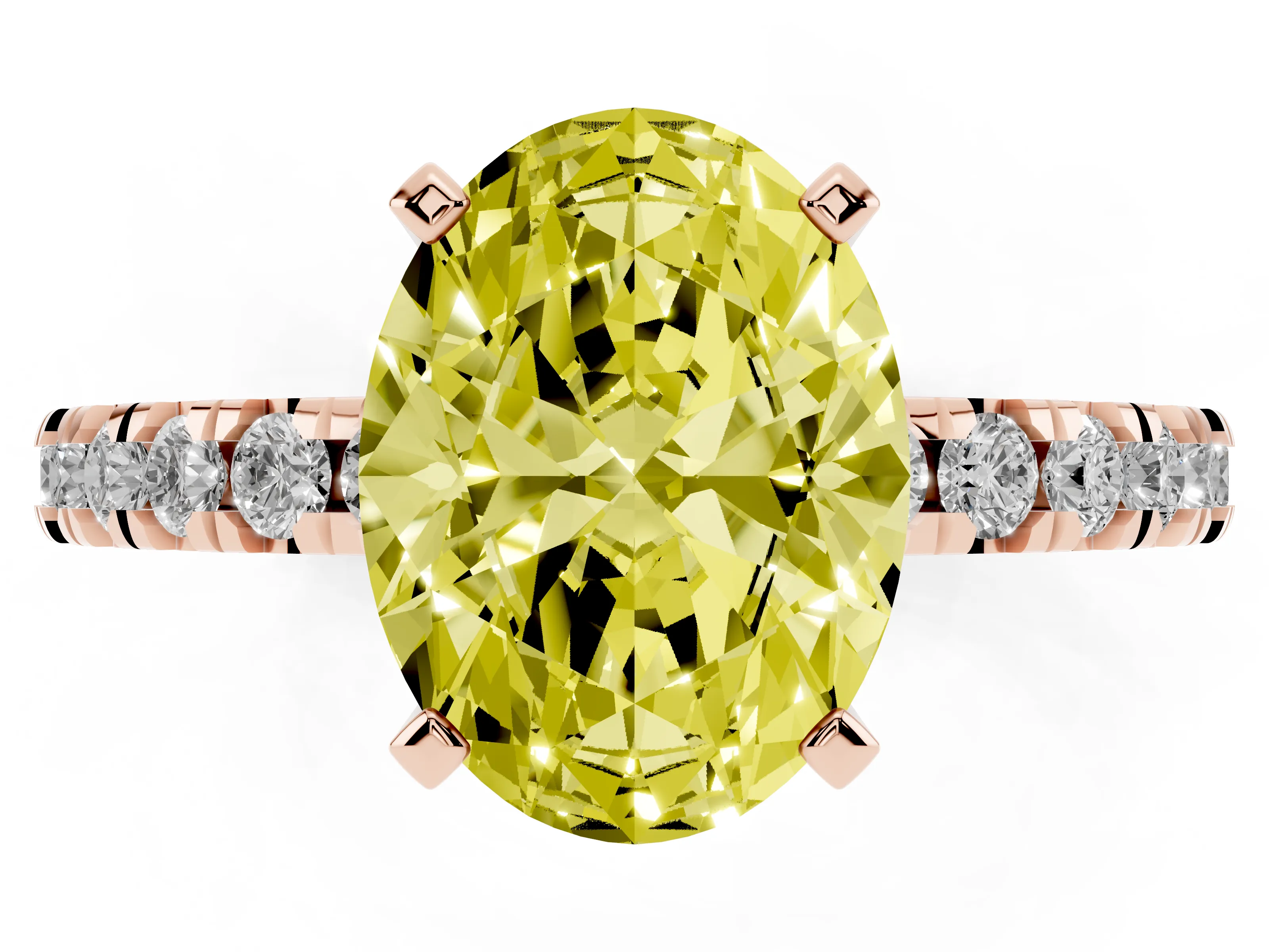 Fancy Yellow Oval Cut Diamond Pavé Band Solitaire Set in Rose gold with Prong Setting