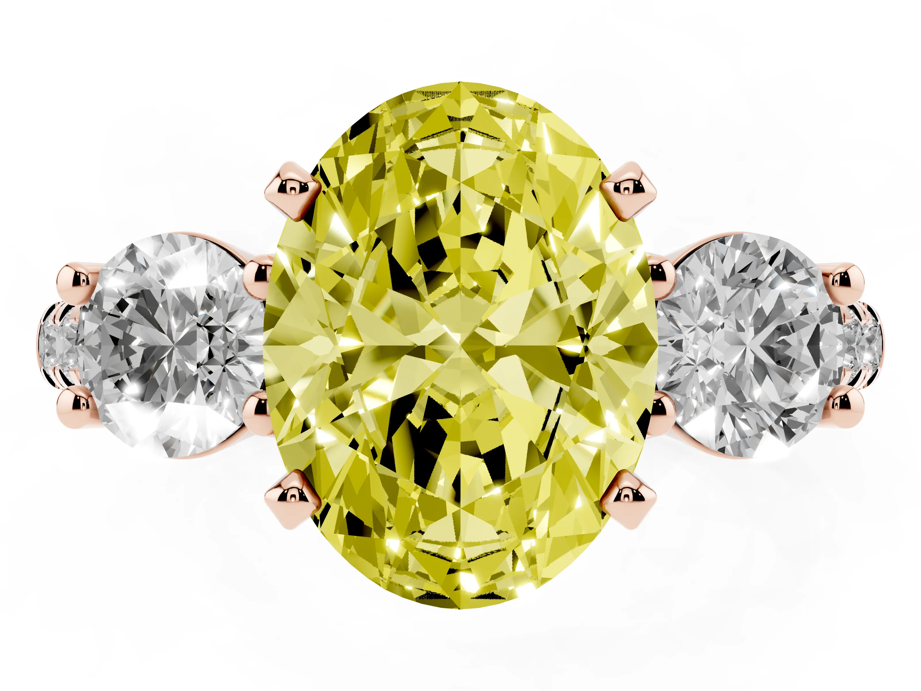 Fancy Yellow Three-Stone Oval Cut Diamond Pavé Band Ring Set in Rose gold with Prong-Set Trio