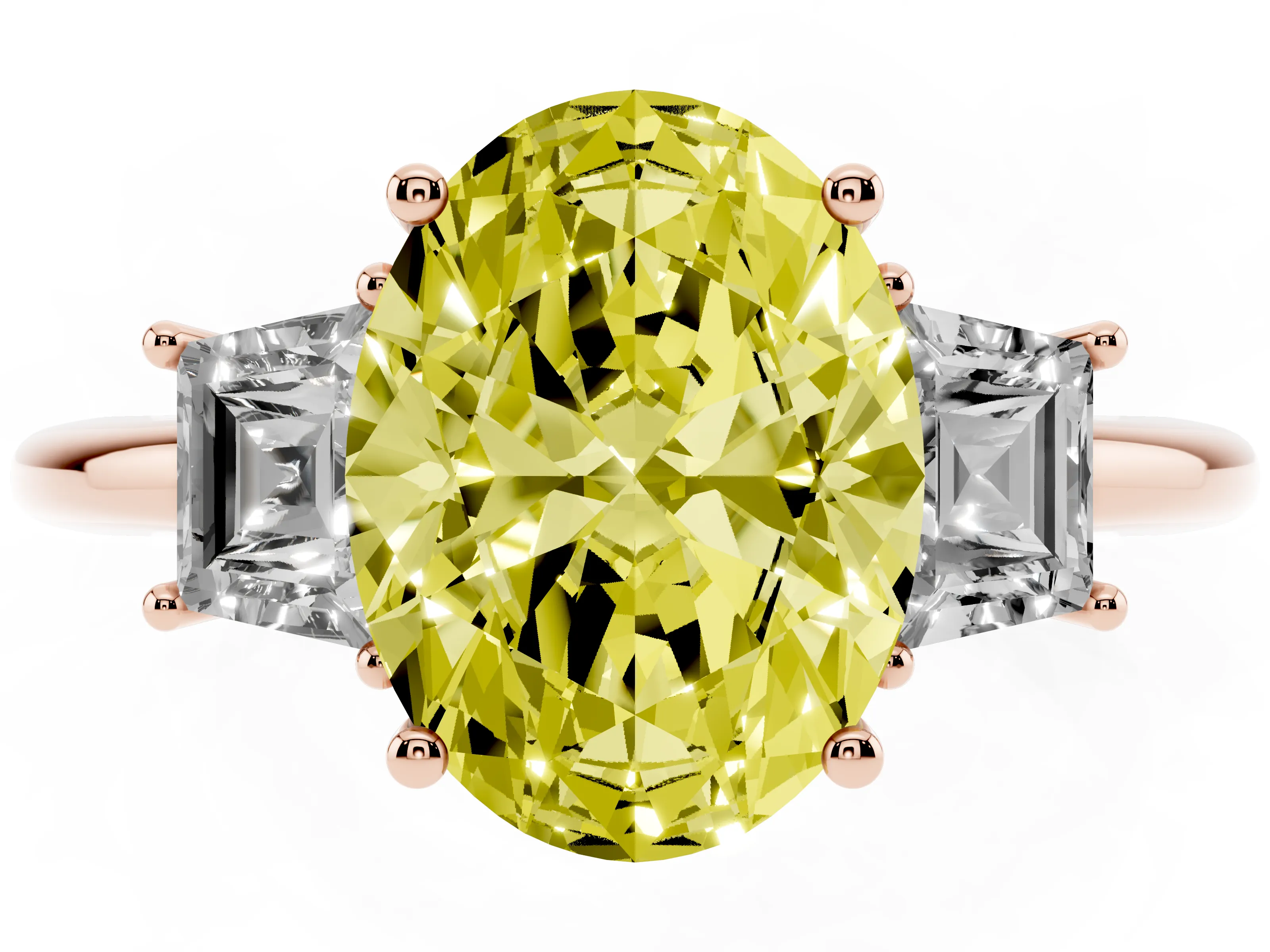 Fancy Yellow Oval Cut Diamond Three-Stone Ring Set in Rose gold with Trapezoid Side Stones and Prong Setting