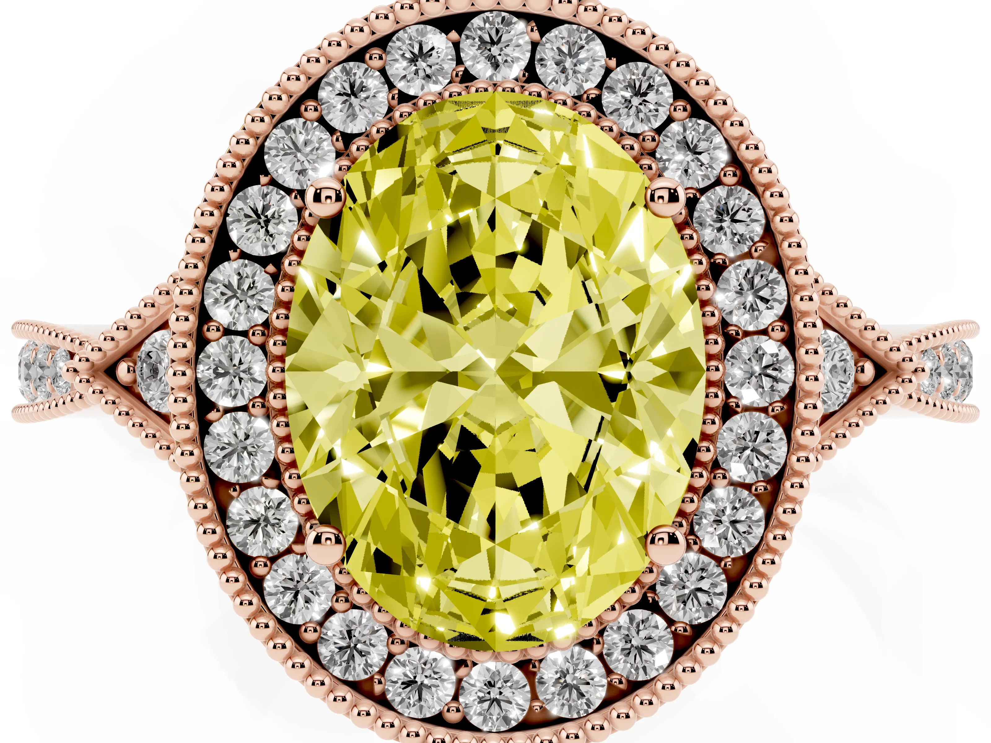 Fancy Yellow Oval Cut Diamond Halo Engagement Ring Set in Rose gold with Milgrain Pavé Band