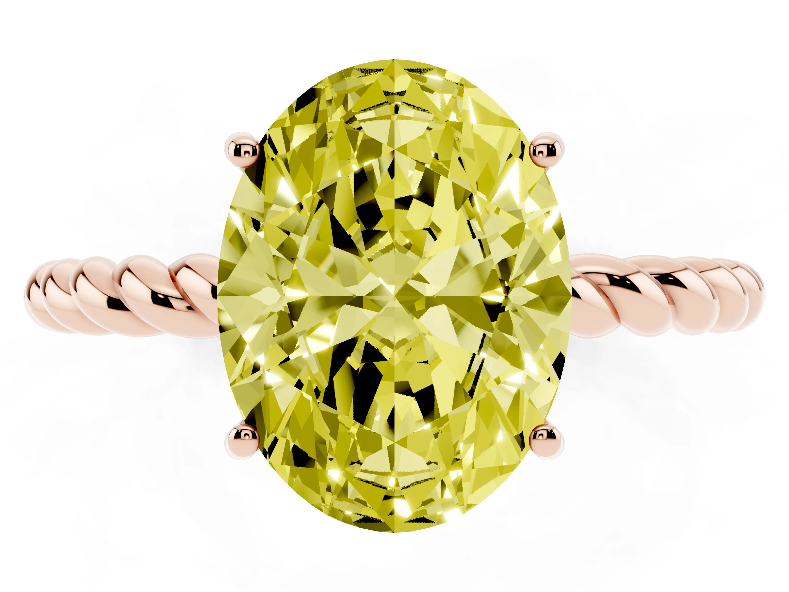 Fancy Yellow Oval Cut Diamond Solitaire Ring Set in Rose gold with Twist Band and Prong Setting