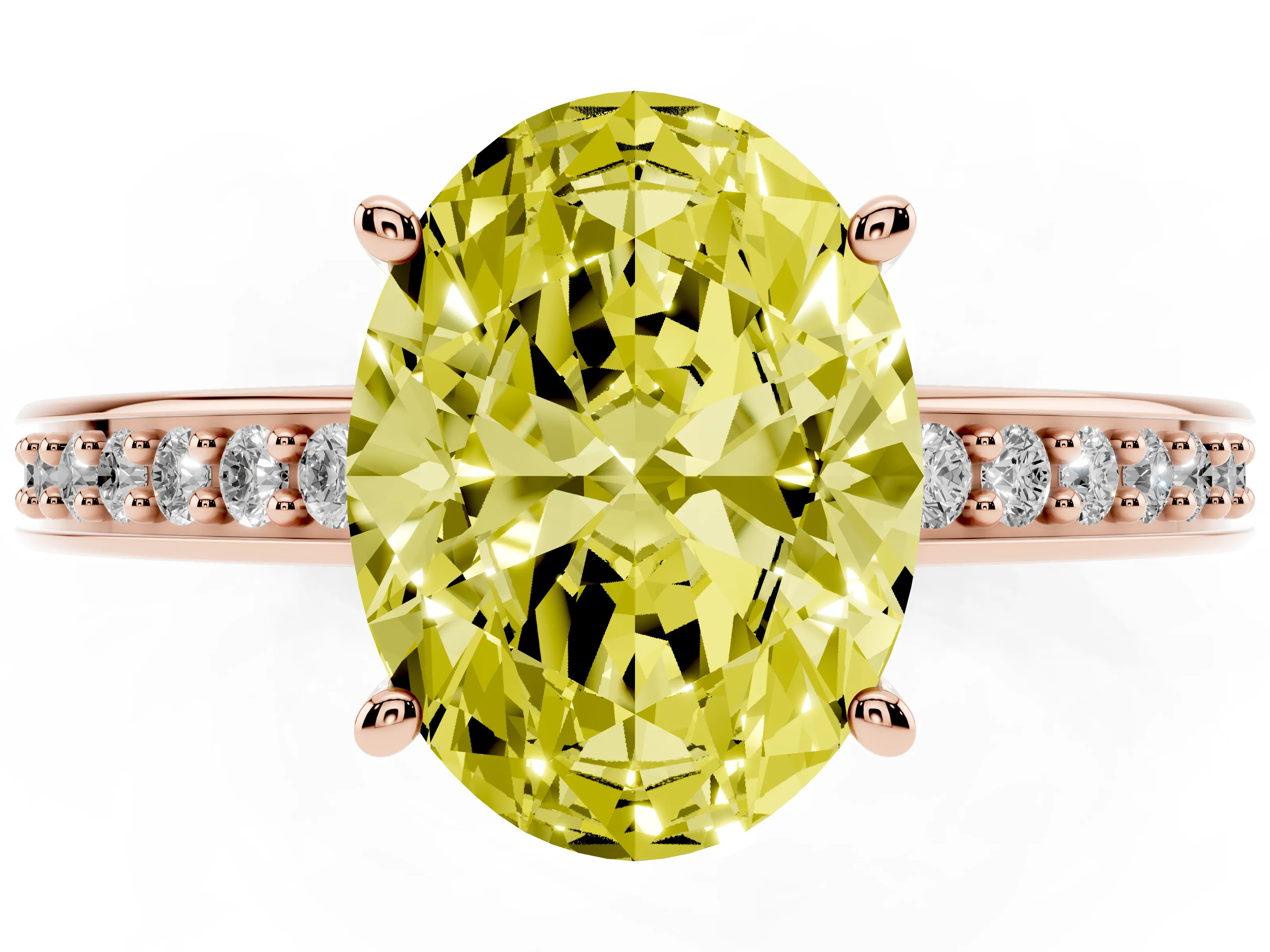 Fancy Yellow Oval Cut Diamond Pavé Band Prong Set Solitaire Ring Set in Rose gold