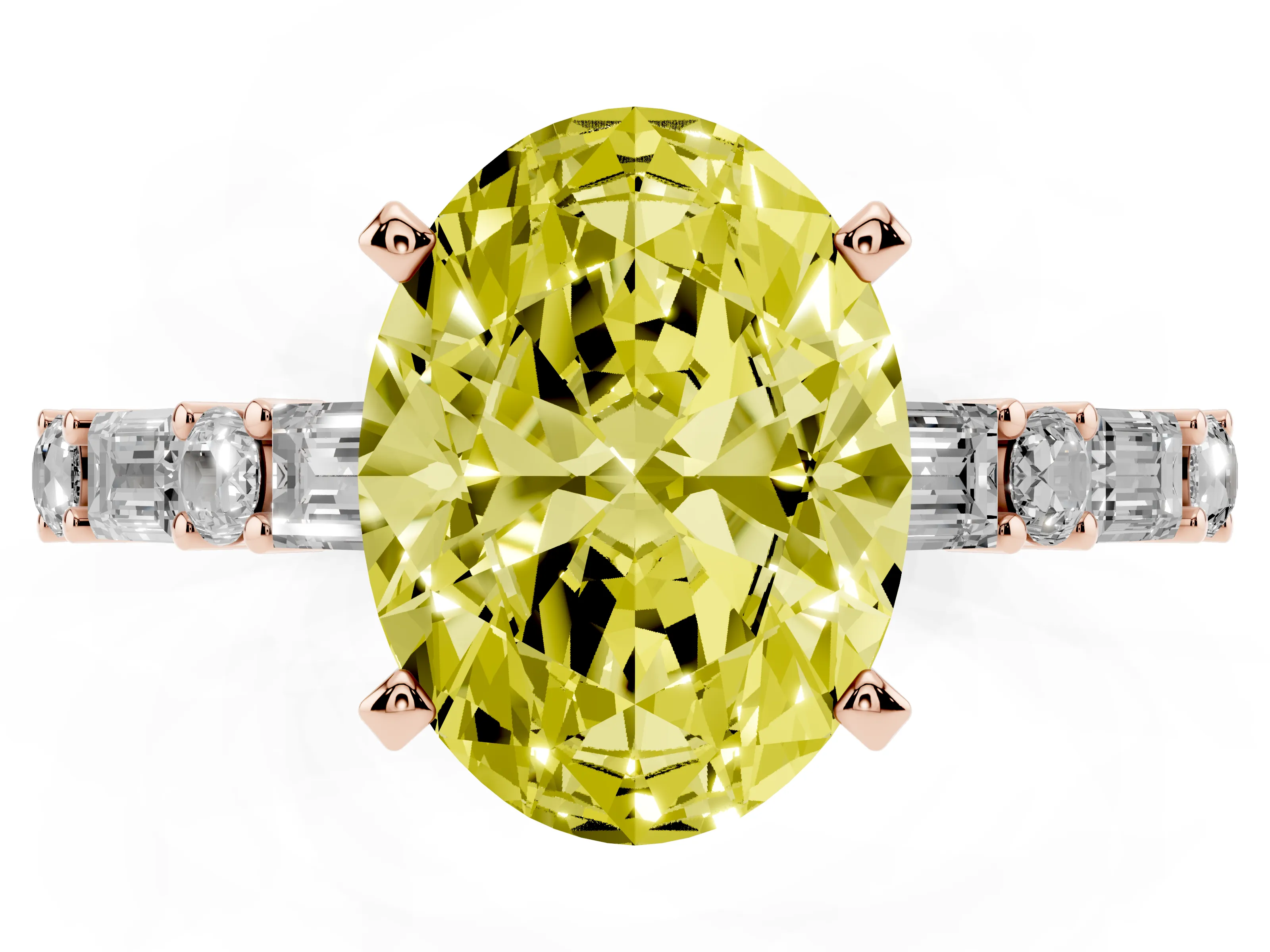 Fancy Yellow Oval Cut Diamond Solitaire Set in Rose gold with Side Baguettes and Channel Set Band
