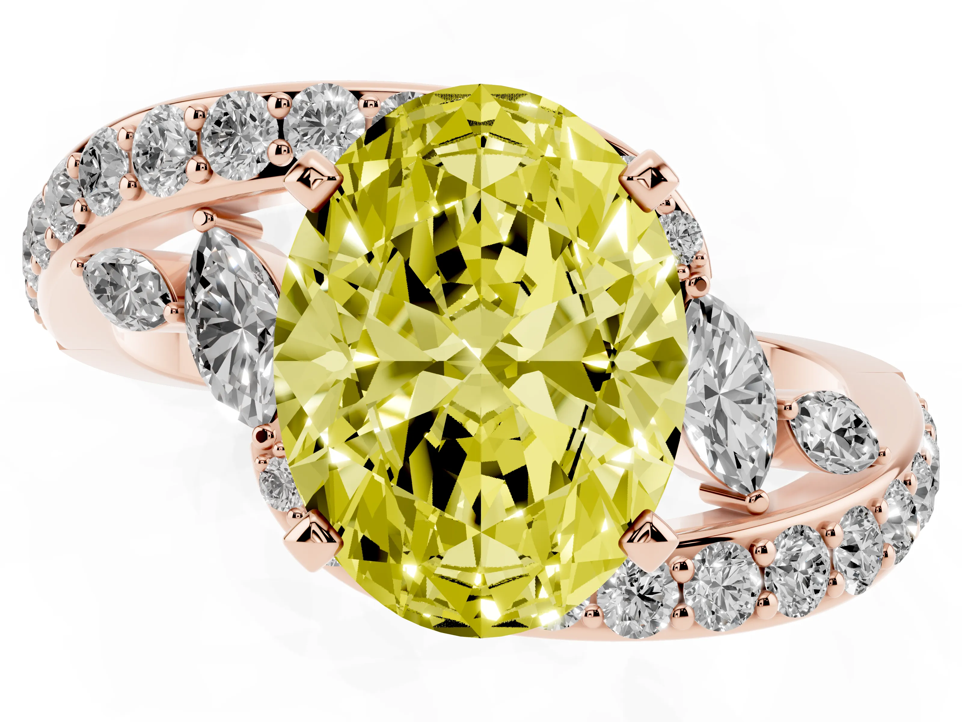 Fancy Yellow Oval Cut Diamond Solitaire Ring Set in Rose gold with Pavé Twist Band and Secure Prong Setting