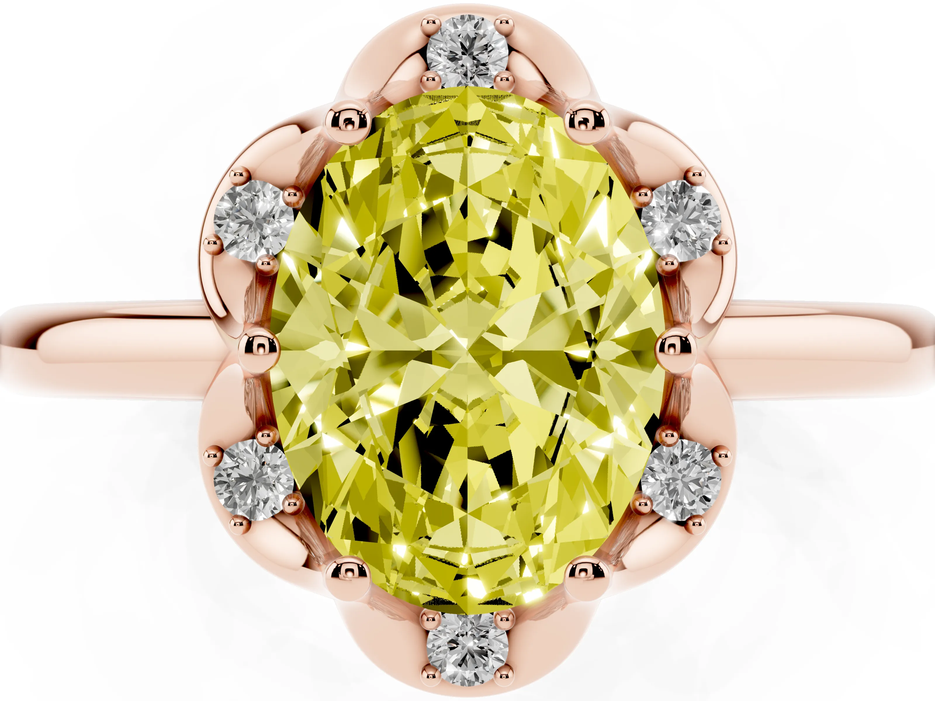 Fancy Yellow Oval Cut Diamond Round Cluster Halo Ring Set in Rose gold with Solitaire Band and Prong Setting