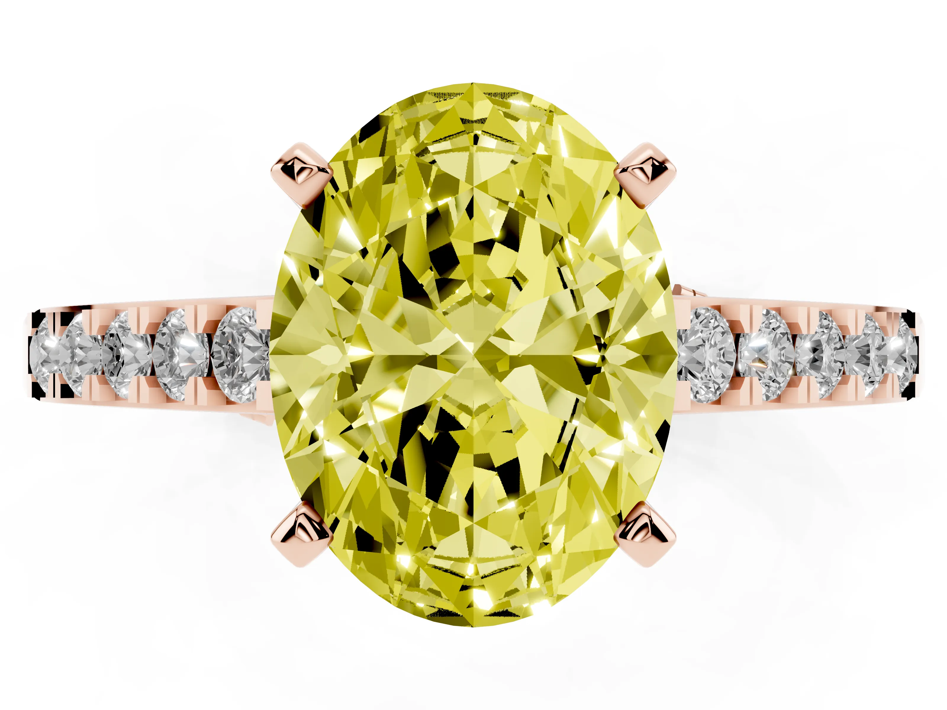 Fancy Yellow Oval Cut Diamond Solitaire Ring Set in Rose gold with Crossover Gallery and Round Pavé Band