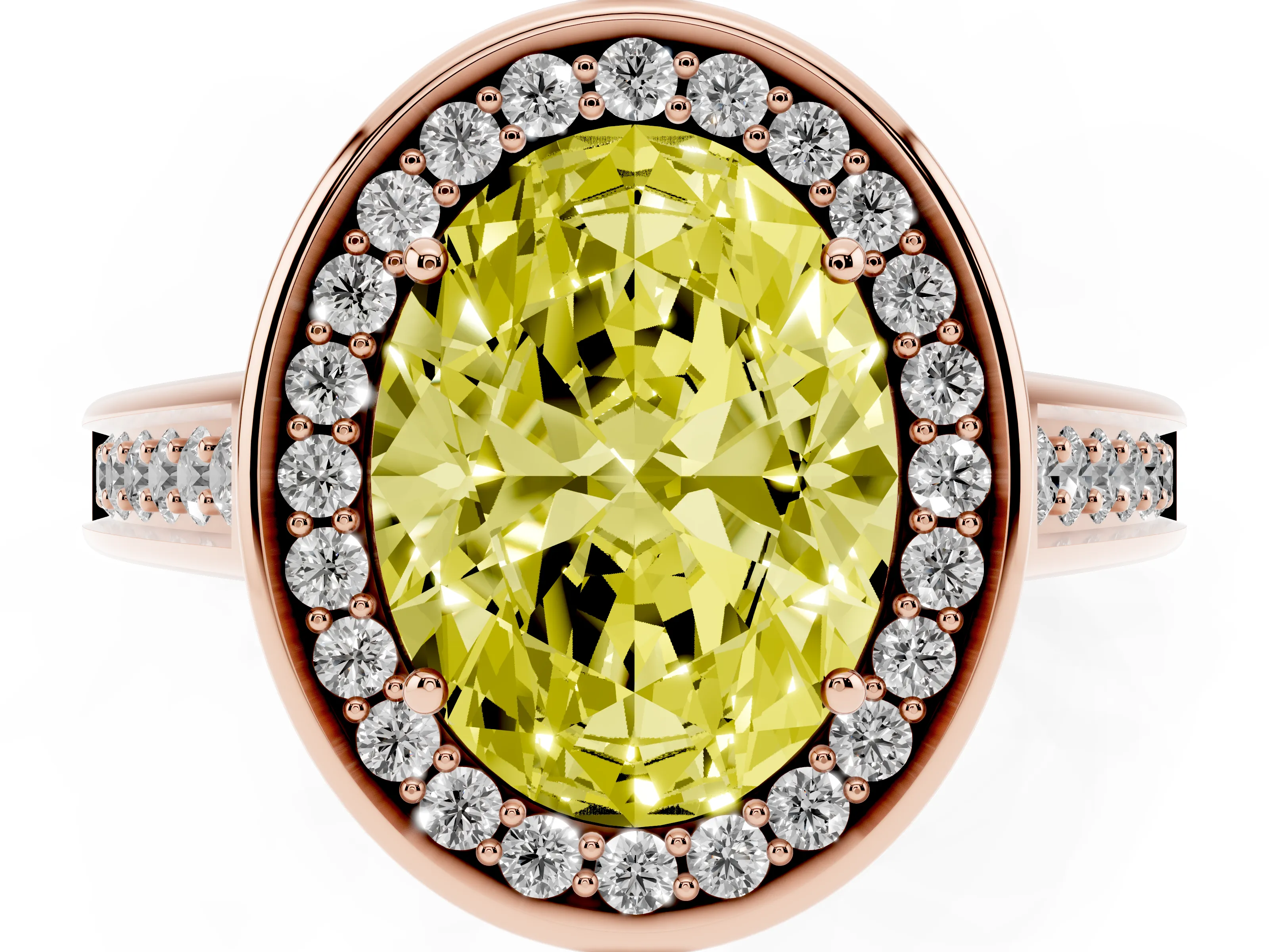 Fancy Yellow Oval Cut Diamond Halo Solitaire Ring Set in Rose gold with Pavé Band and Bezel Setting