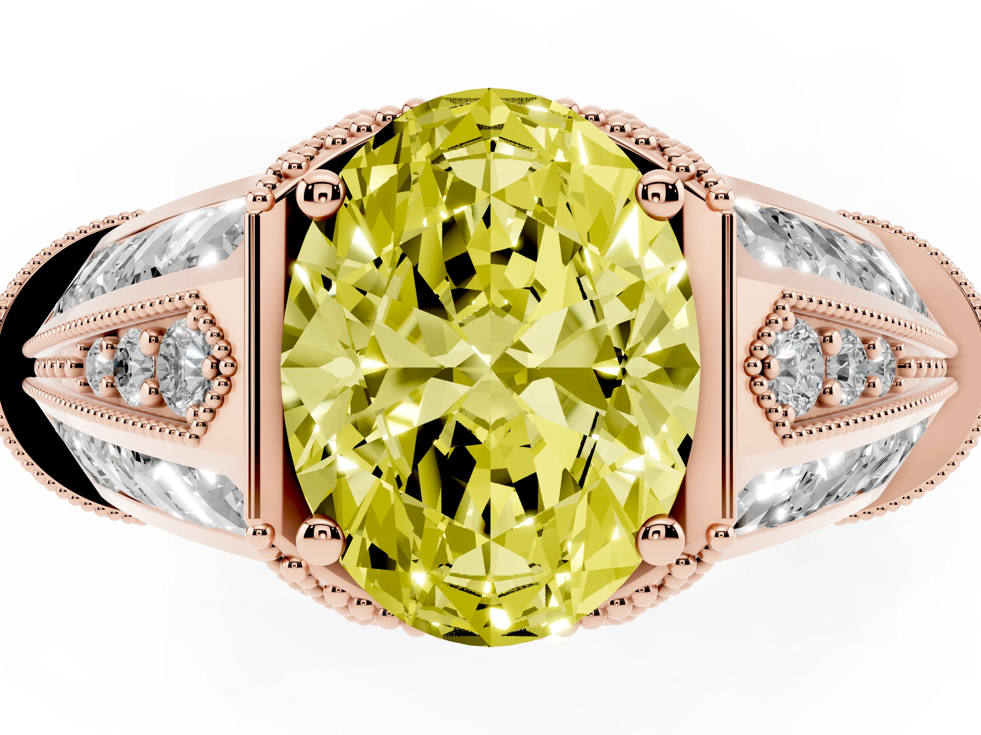 Fancy Yellow Oval Cut Diamond Vintage-Inspired Milgrain Ring Set in Rose gold with Accent Split Shank