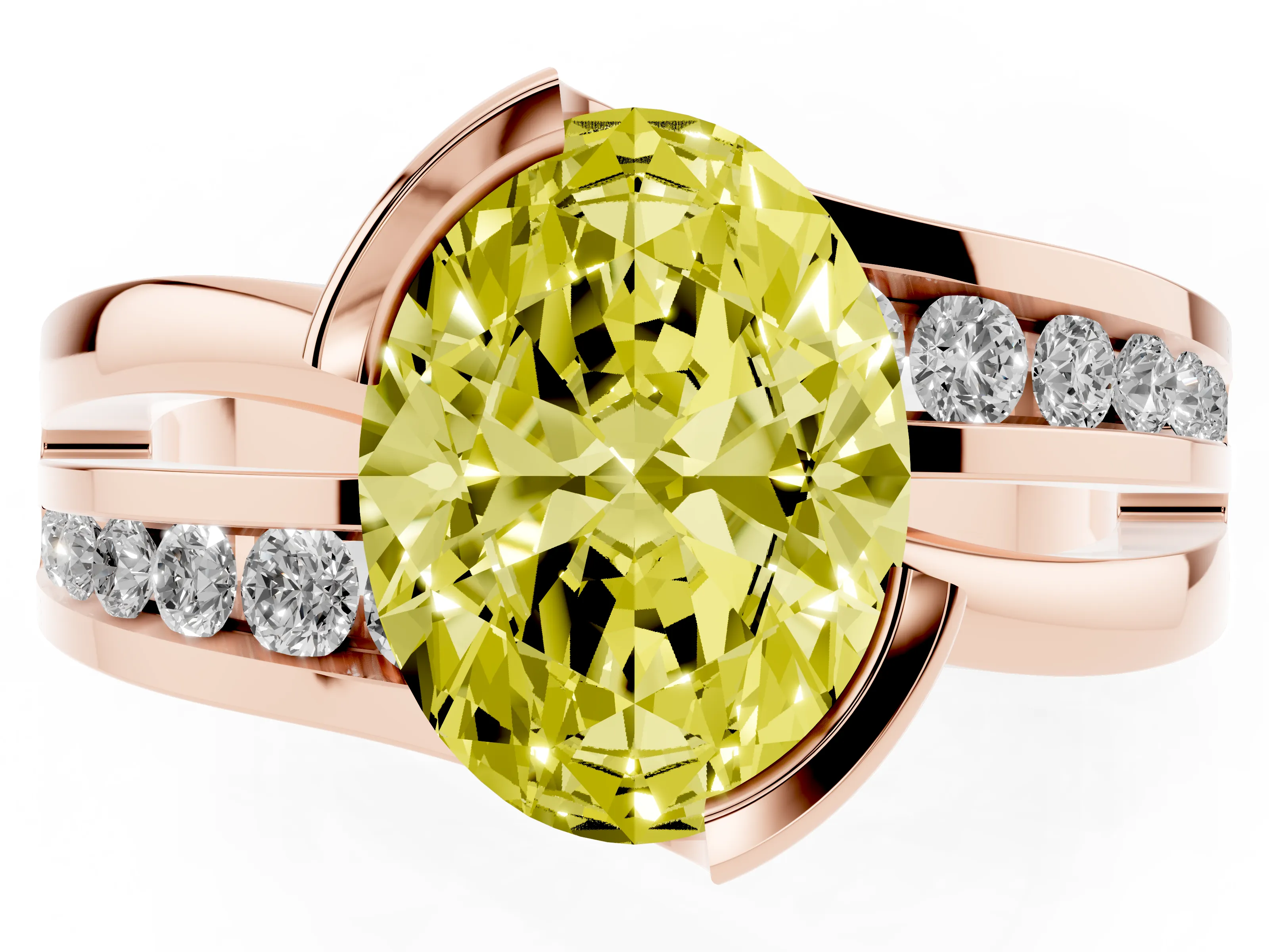 Fancy Yellow Oval Cut Diamond Solitaire Ring Set in Rose gold with Channel Set Split Shank and Tension Prongs