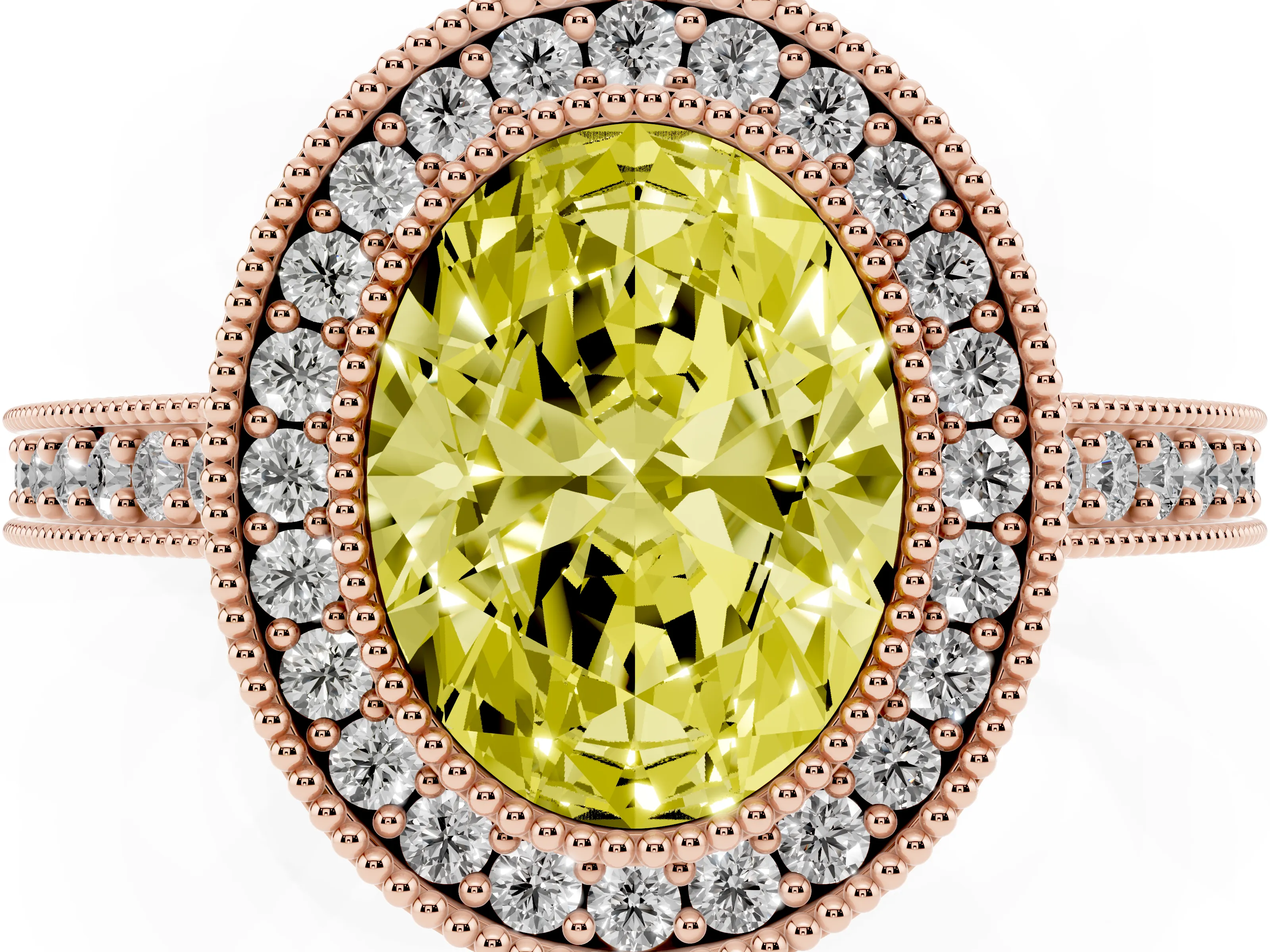 Fancy Yellow Oval Cut Diamond Halo Engagement Ring Set in Rose gold with Pavé Band and Round Halo Stones