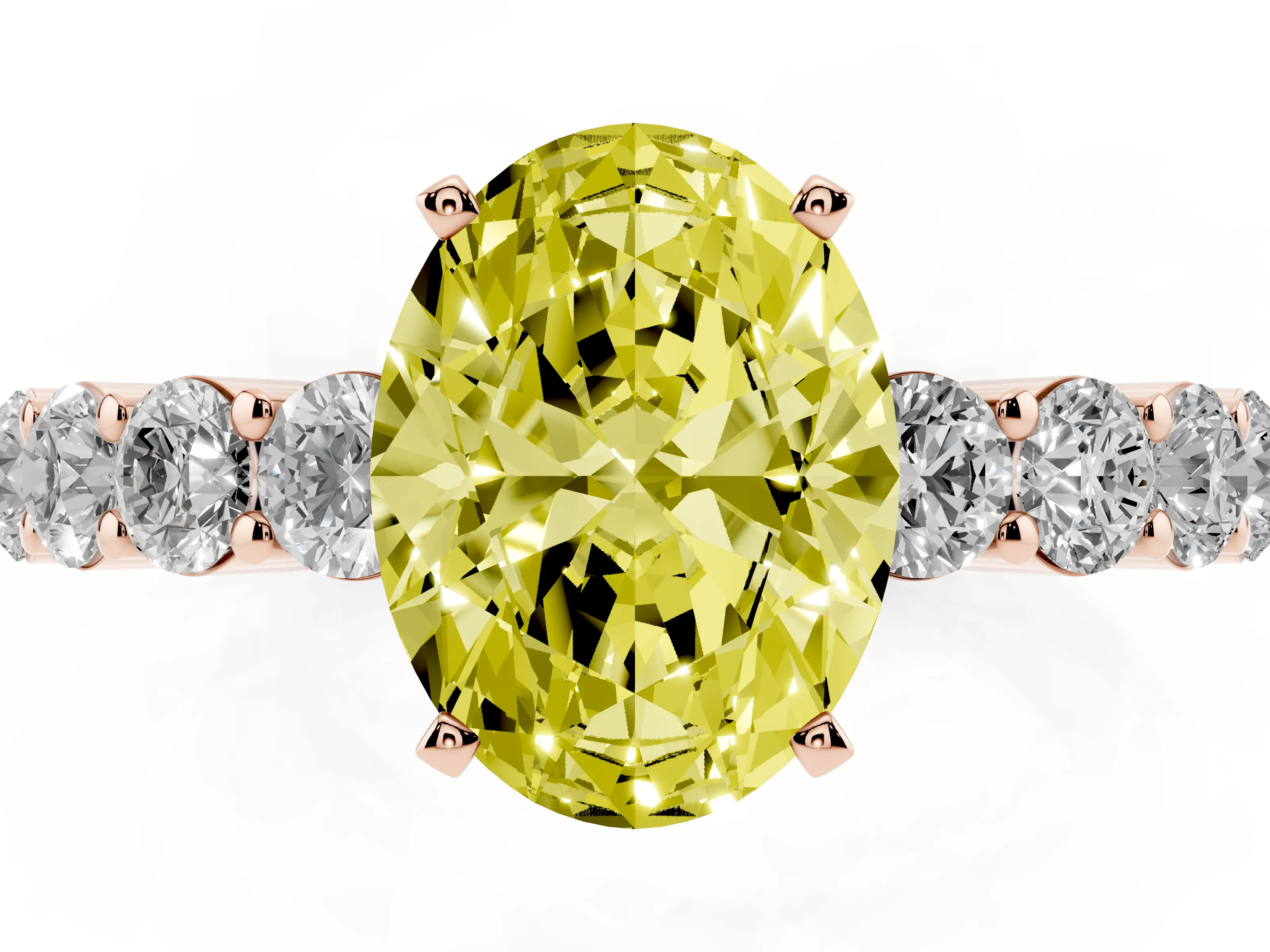 Fancy Yellow Oval Cut Diamond Solitaire Ring Set in Rose gold with Shared Prong Round Side Stones