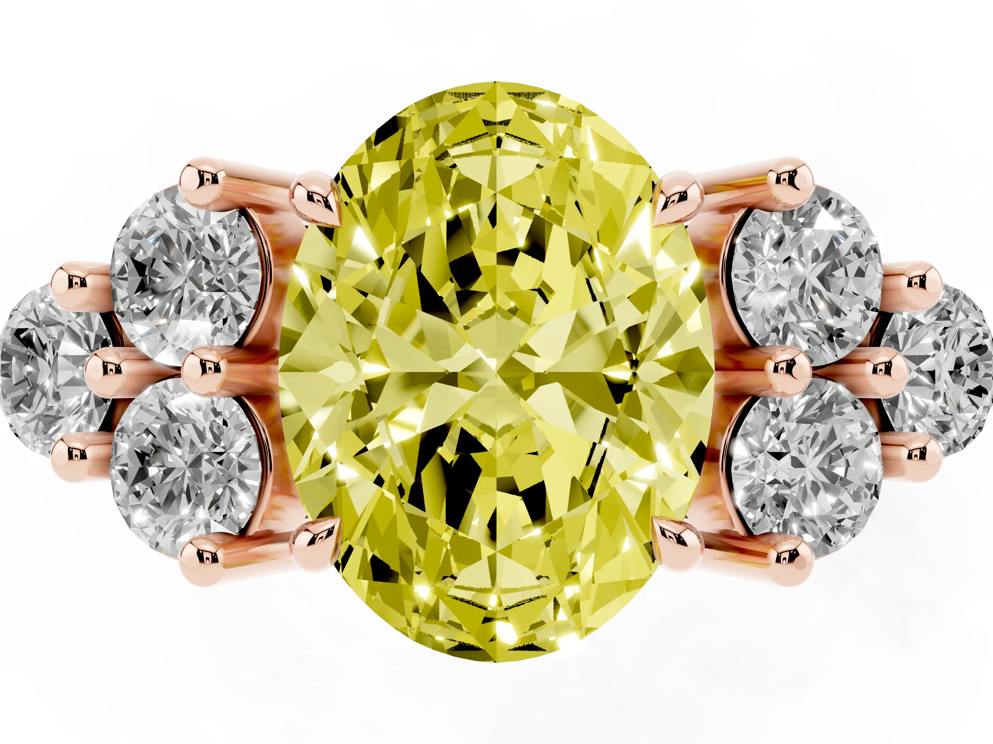 Fancy Yellow Oval Cut Diamond Solitaire Ring Set in Rose gold with Cluster Accents on Each Side
