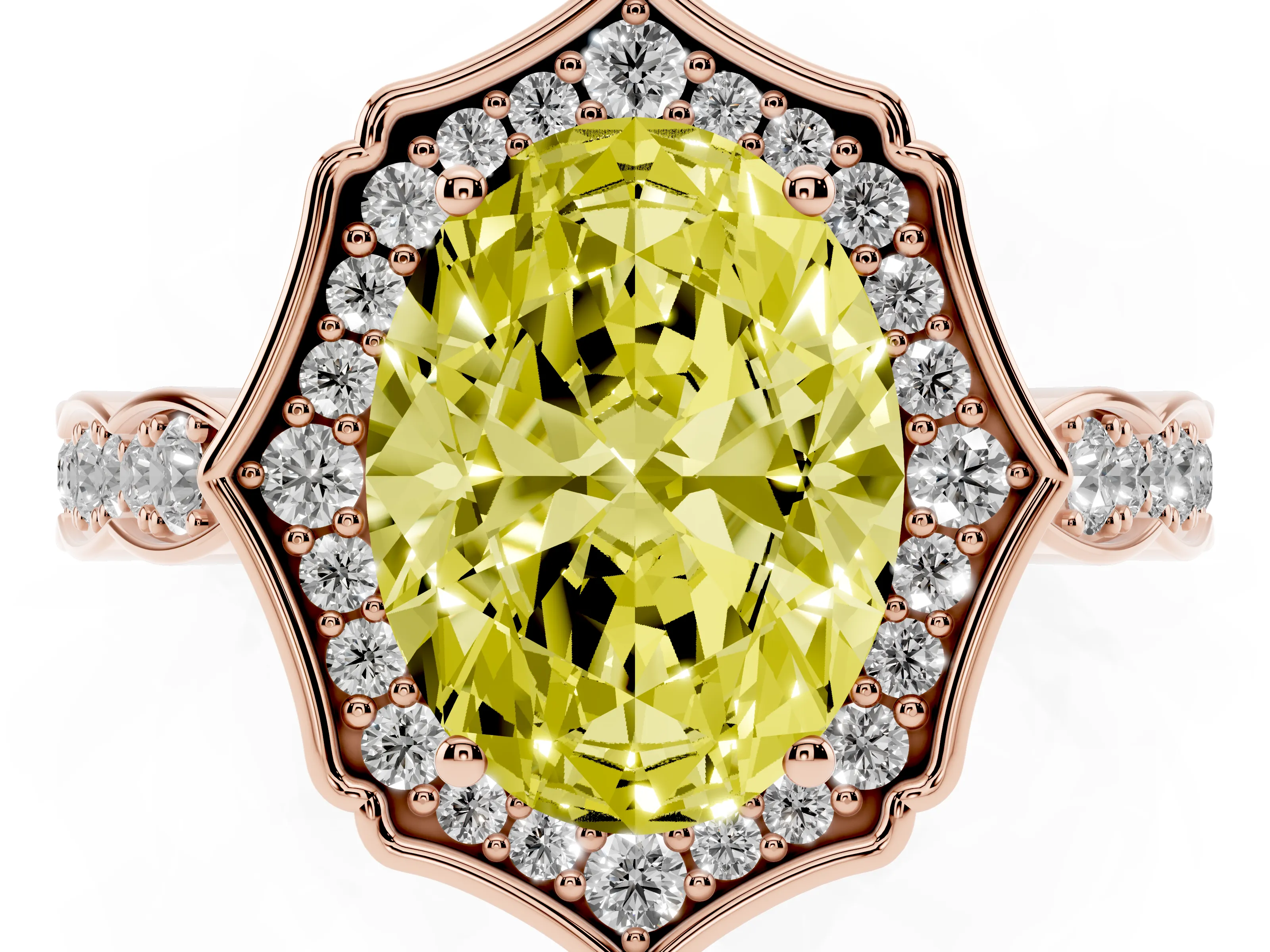Fancy Yellow Oval Cut Diamond Halo Engagement Ring Set in Rose gold with Milgrain Band and Prong Setting