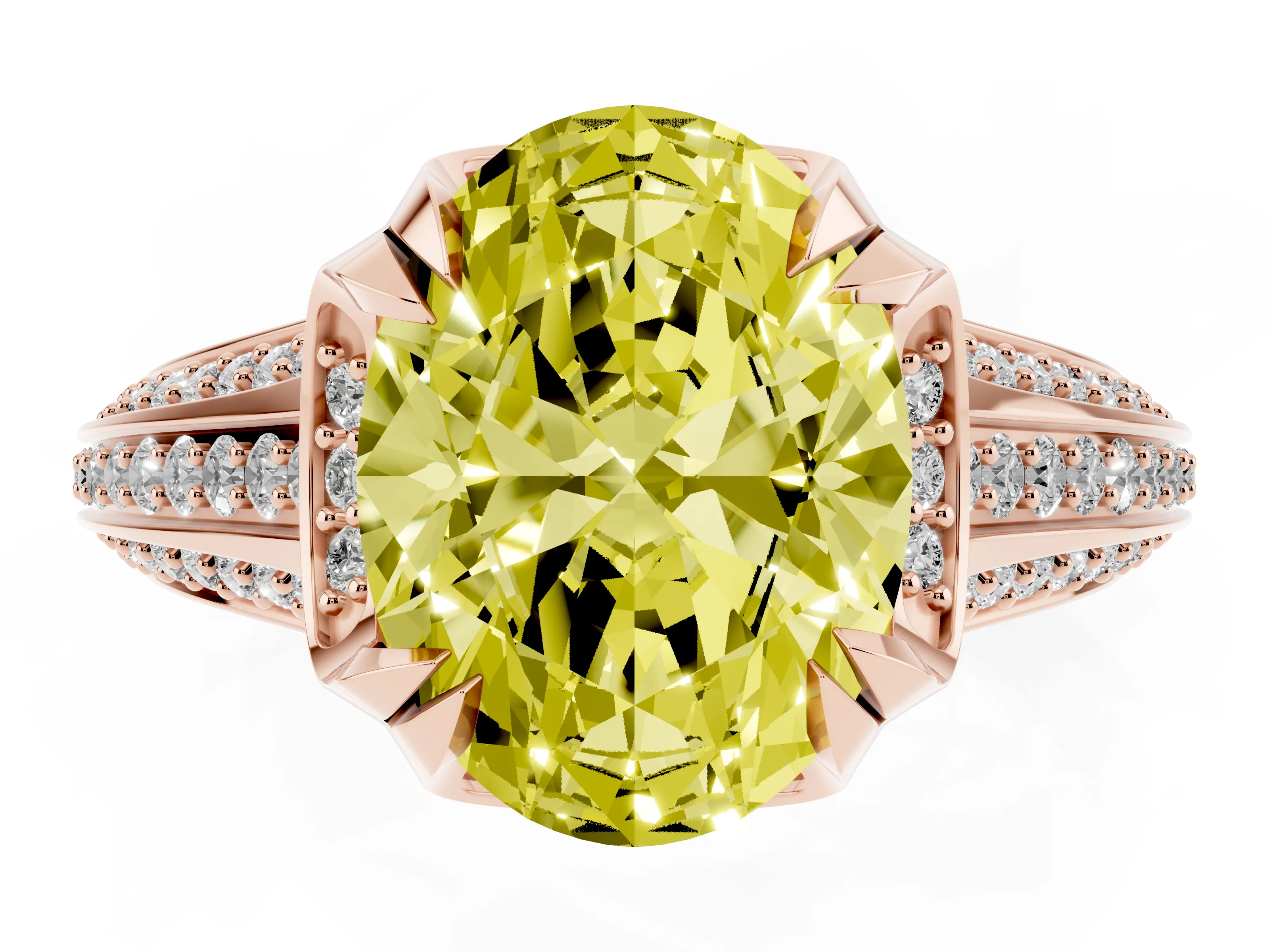 Fancy Yellow Oval Cut Diamond Pavé Split Shank Solitaire Ring Set in Rose gold with Prong Setting