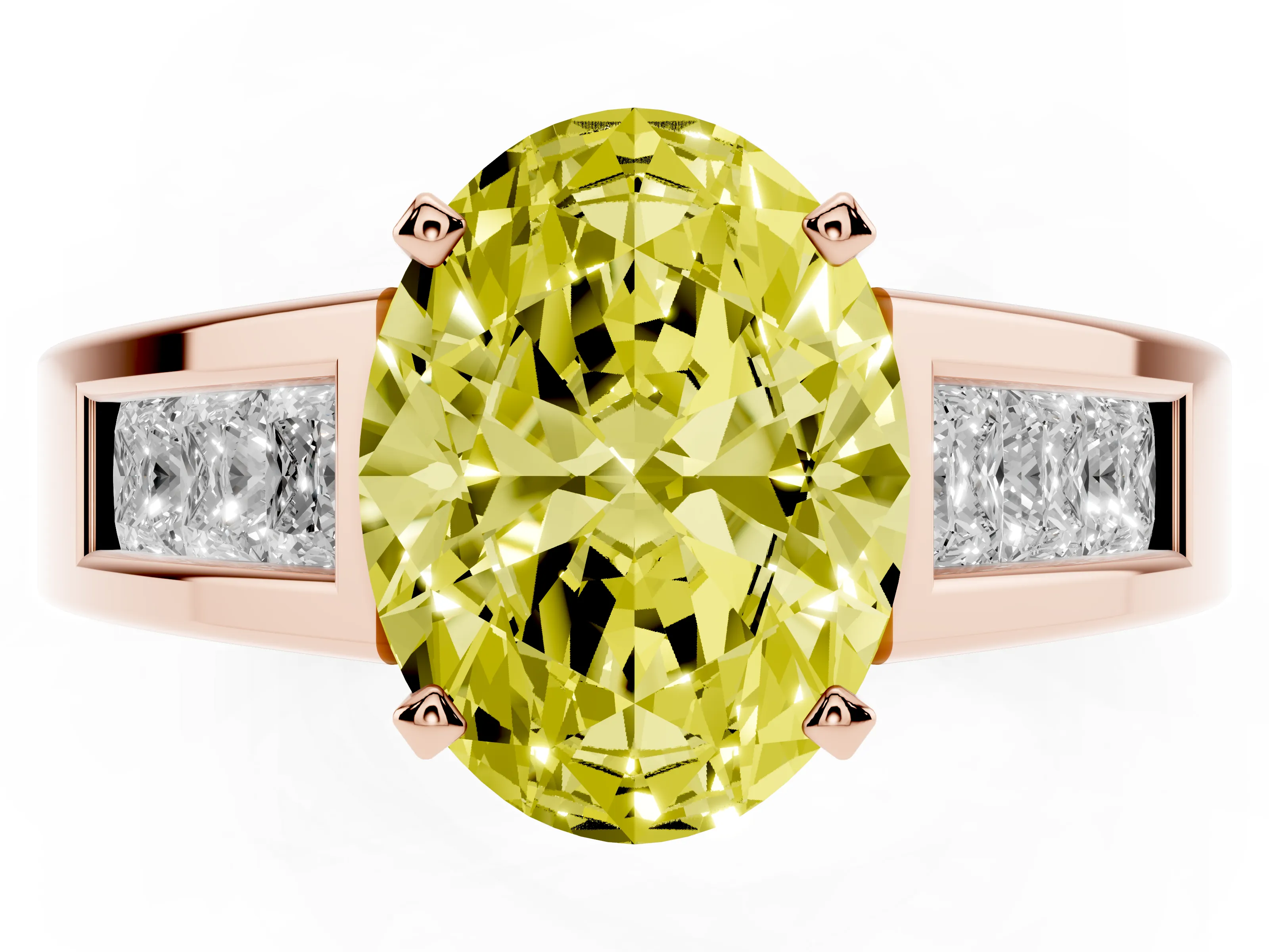 Fancy Yellow Oval Cut Diamond Solitaire Ring Set in Rose gold with Channel-Set Accent Stones and Prong Setting