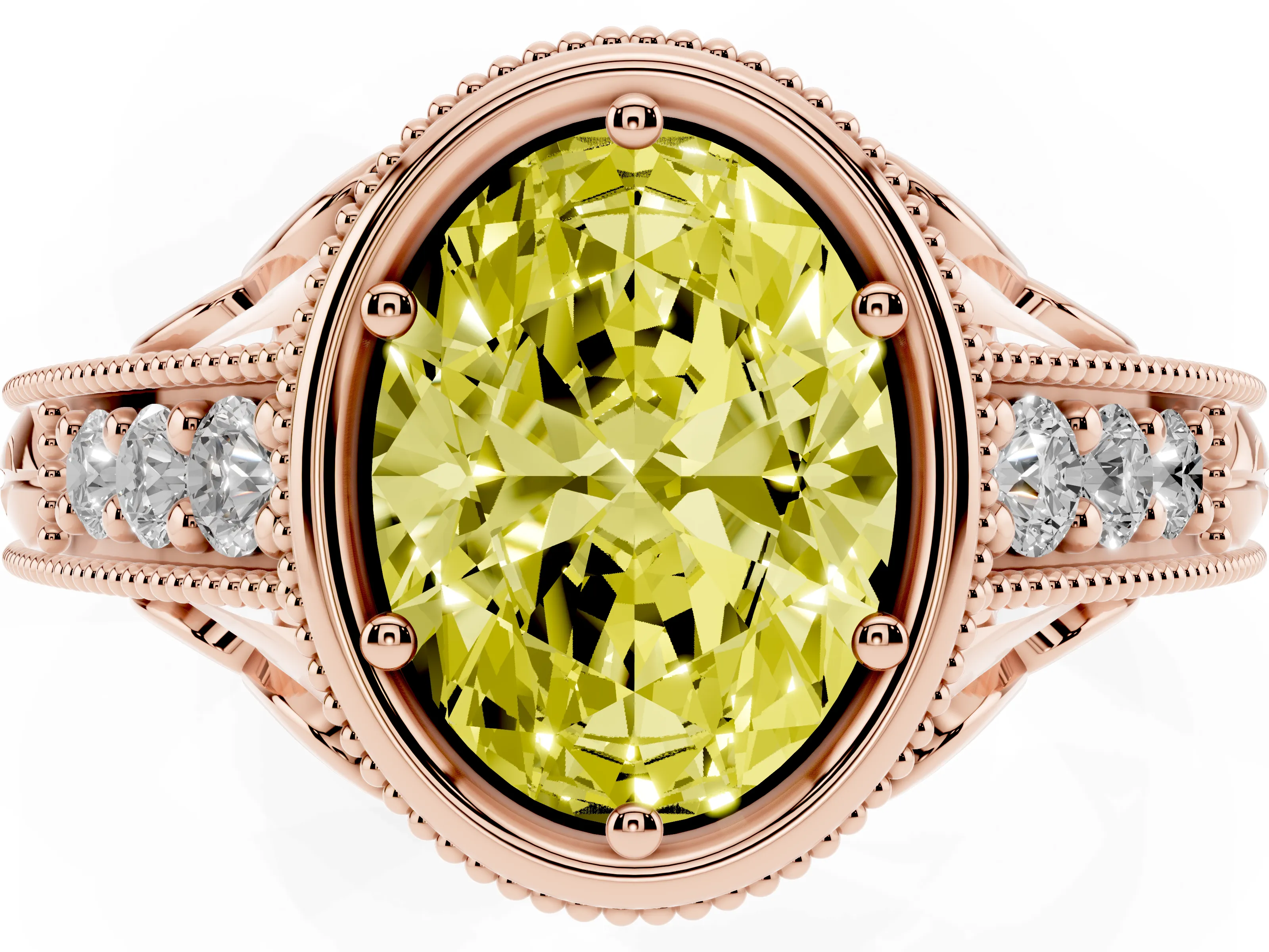 Fancy Yellow Bezel Set Oval Cut Diamond Milgrain Pavé Engagement Ring Set in Rose gold