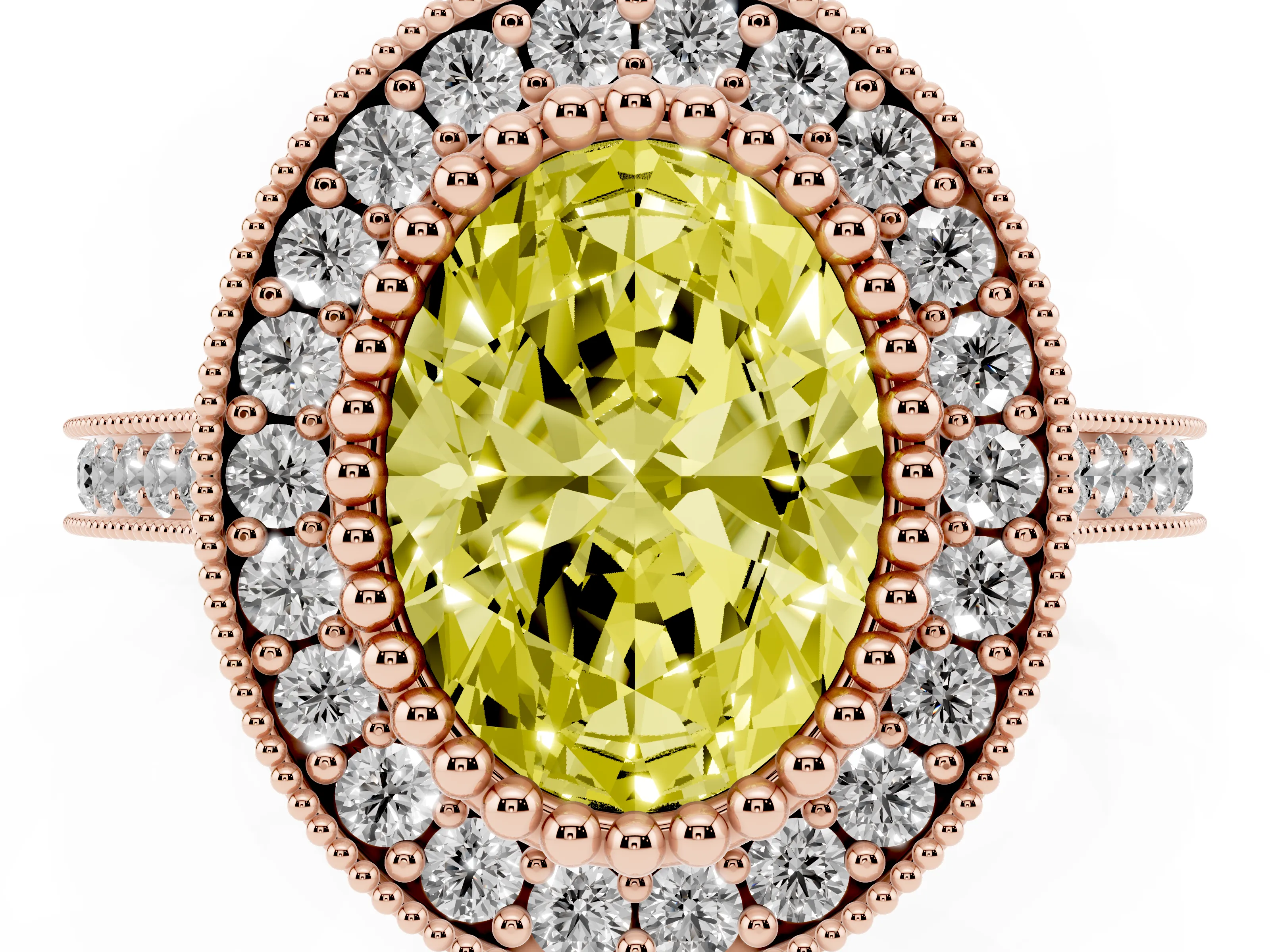 Fancy Yellow Oval Cut Diamond Halo Ring Set in Rose gold with Milgrain Frame and Pavé Band