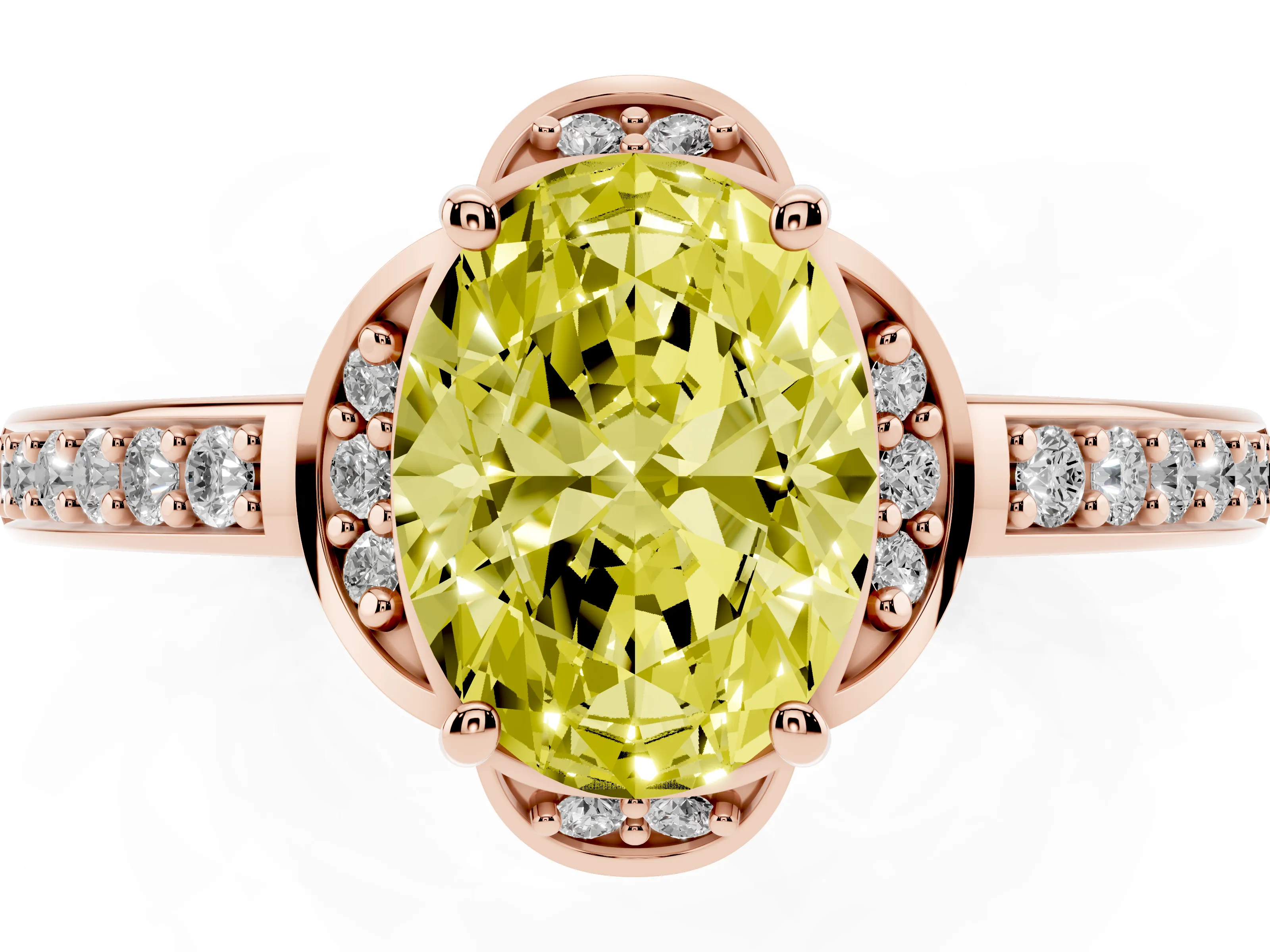 Fancy Yellow Oval Cut Diamond Halo Ring Set in Rose gold with Channel Set Band and Prong Setting