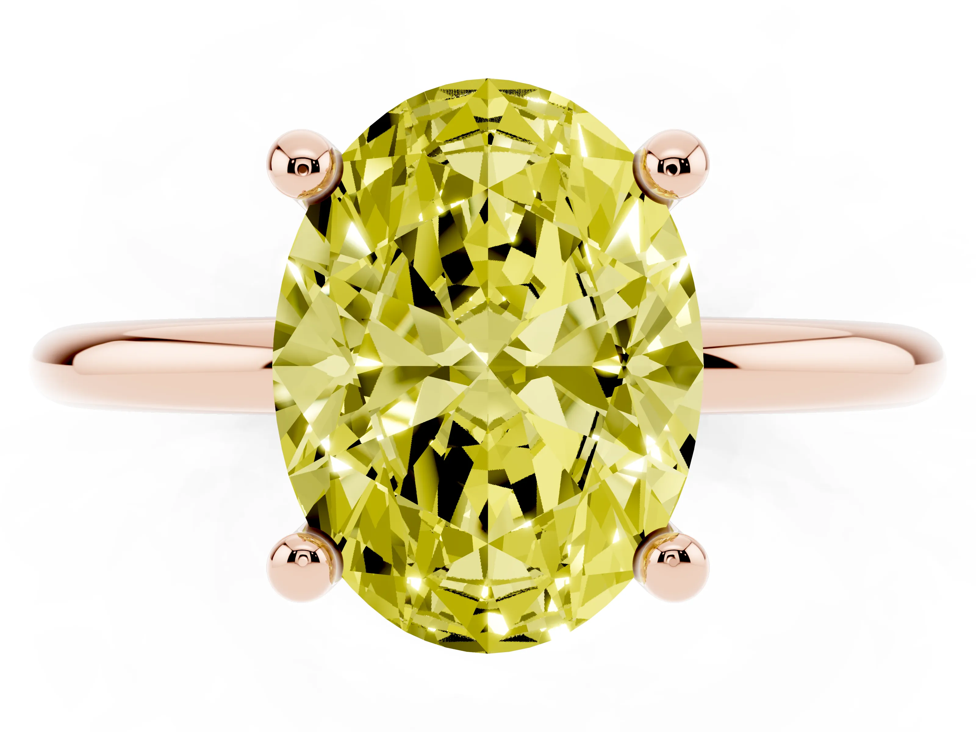 Fancy Yellow Oval Cut Diamond Solitaire Ring Set in Rose gold with Secure Prong Setting on a Classic Band