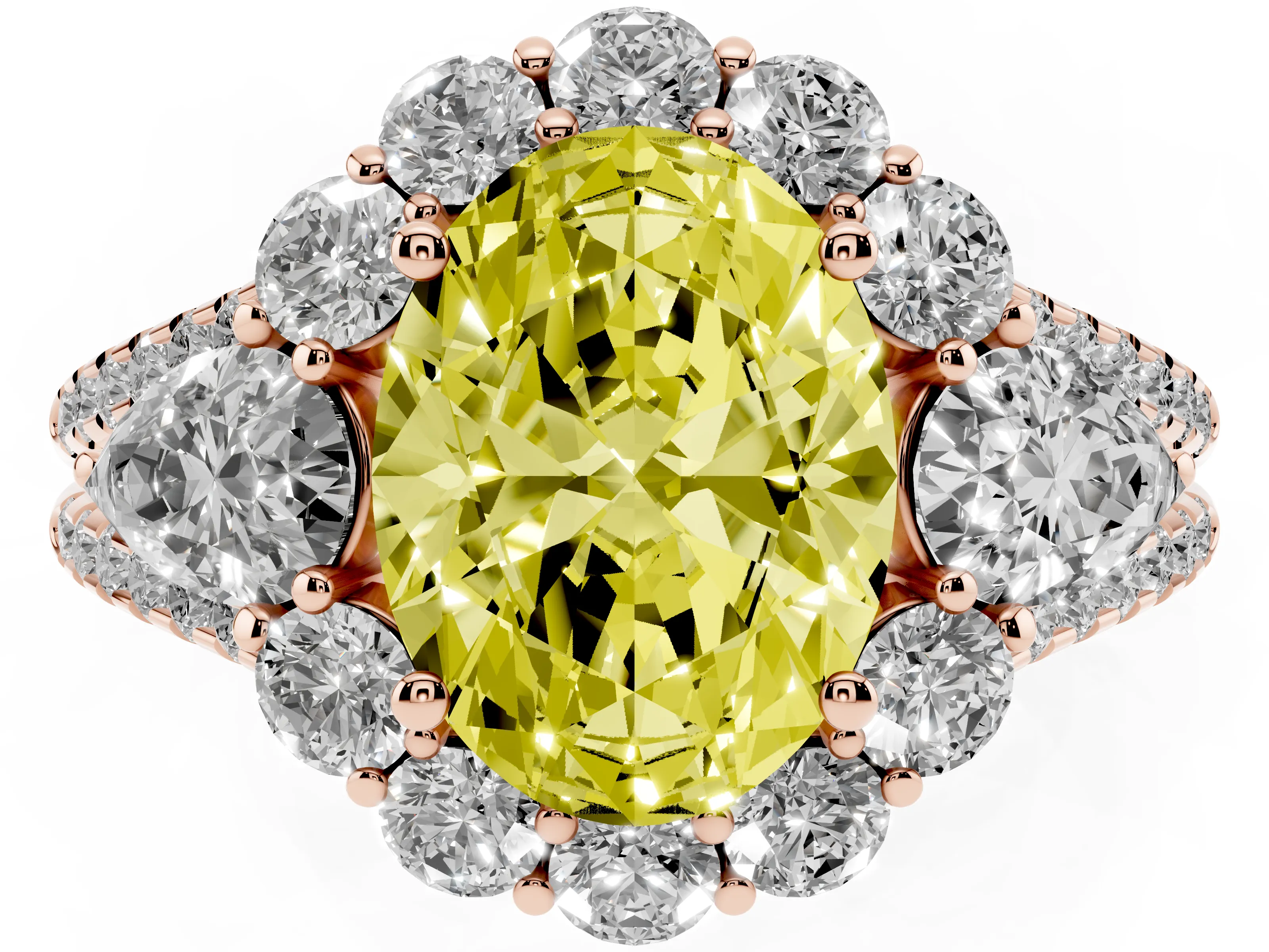 Fancy Yellow Oval Cut Diamond Halo Split Shank Engagement Ring Set in Rose gold with Prong-Held Center Stone