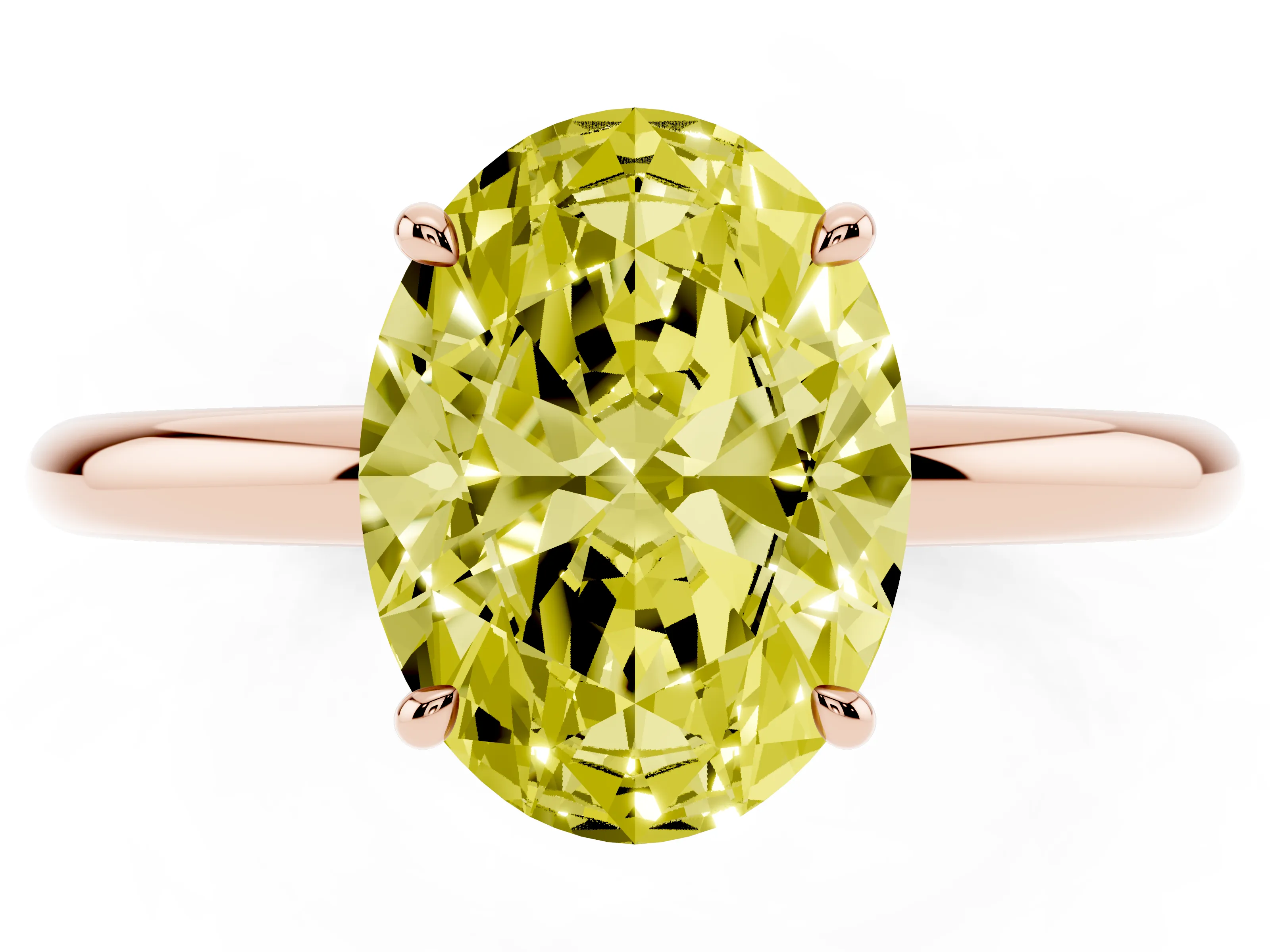 Fancy Yellow Oval Cut Diamond Solitaire Ring Set in Rose gold with Thin Band and Prong Setting