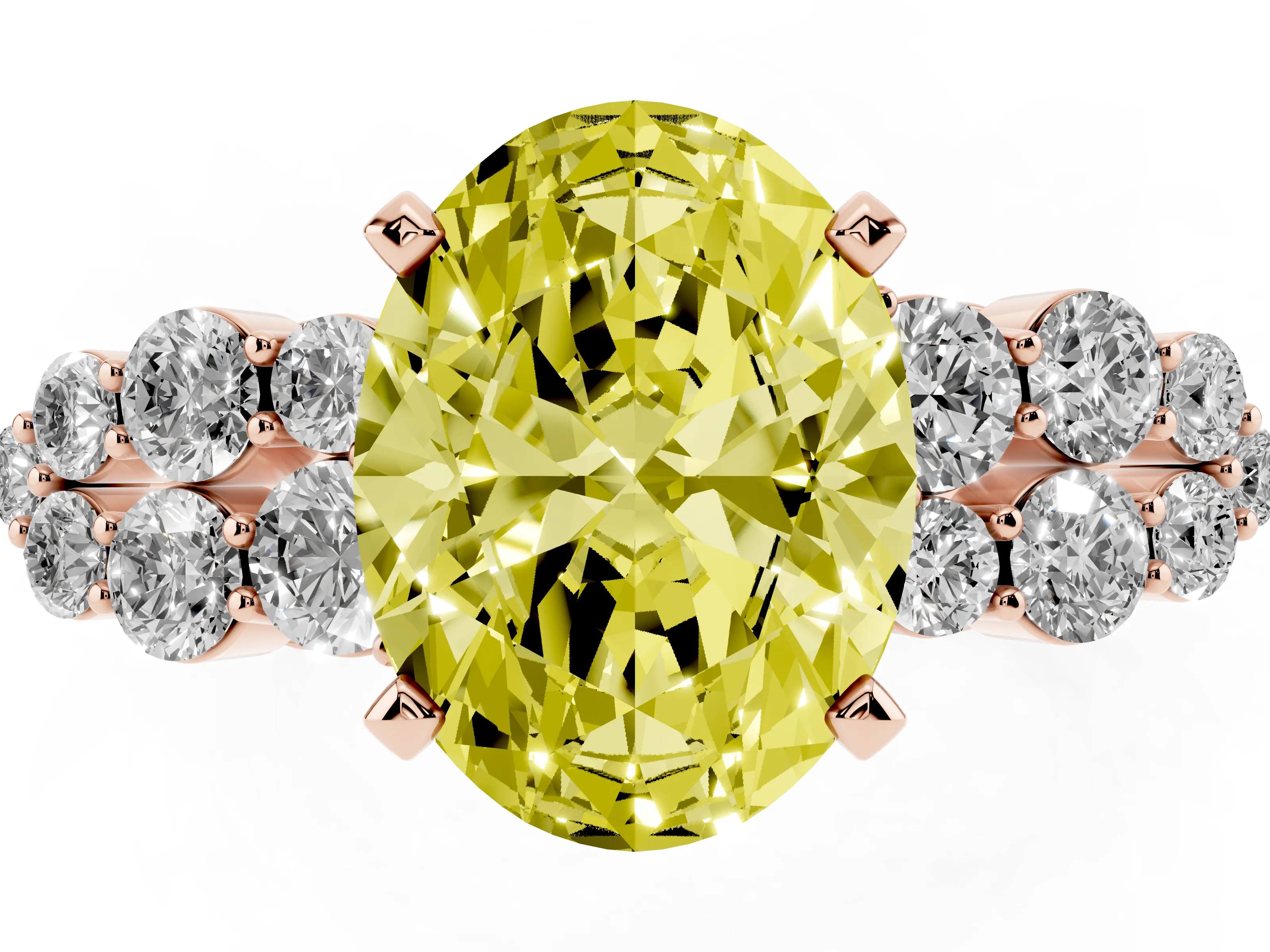 Fancy Yellow Oval Cut Diamond Cluster Engagement Ring Set in Rose gold with Pavé Band and Prong Setting